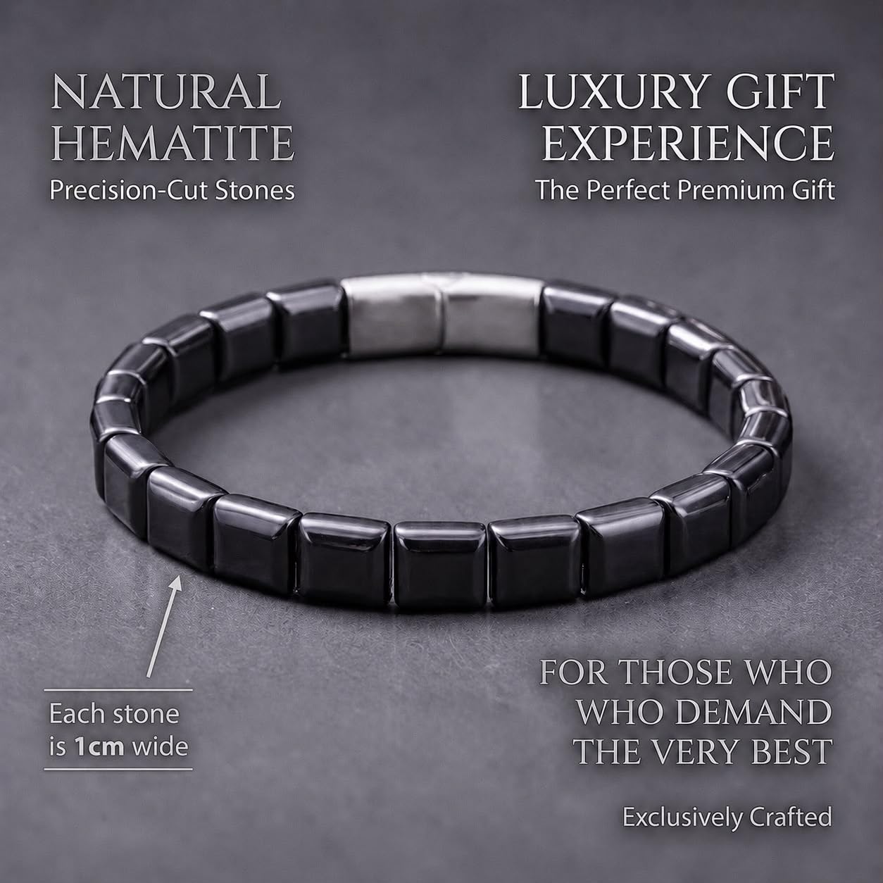 Bracelet Hématite Homme - Bracelet en Pierre Naturelle Véritable, Perles Rectangles avec Fermoir Aimanté Haute Qualité et Pochette en Velours, LesBacos