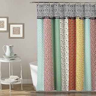 Lush Decor Boho Patch Shower Curtain-Fabric Bohemian Colorful Print Vertical Stripe Design with Tassels, 72" x 72", Multicolor, 70" x 72", Orange/Navy