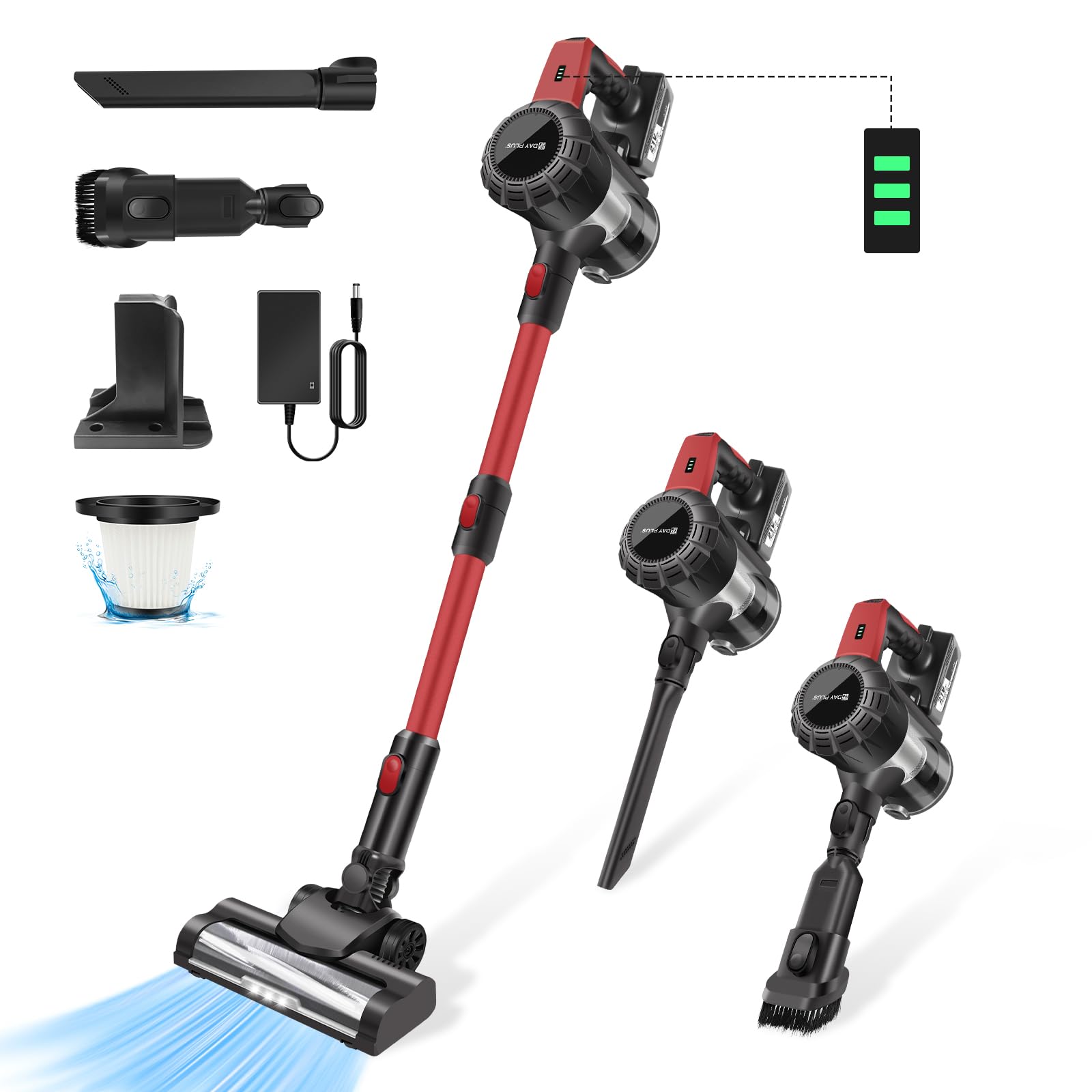Cordless Stick Vacuum Cleaner,15000PA Cordless Vacuum Cleaner 8 in 1,Handheld Stick Vacuum with LED Light +1 HEPA Filters + 3000mAh Rechargeable Battery,Pet,Crevice & Multi-Surface Tools,Red+Black