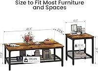 Vista 3 de DKLGG Coffee Table Set of 3, Vintage Wood Coffee Table & 2 End Tables, Square Tabletop Modern Industrial Living Room 3-Piece Set for Apartment Home