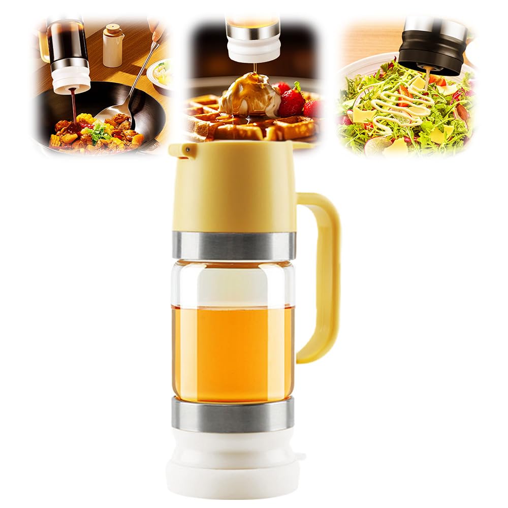 SICOSPI Glass Honey Dispenser, 2025 Upgraded Honey Dispenser No Drip Glass, Maple Syrup Dispenser, 9 OZ Honey Jar with Handle, Syrup Dispenser for Coffee, Tea (Yellow)