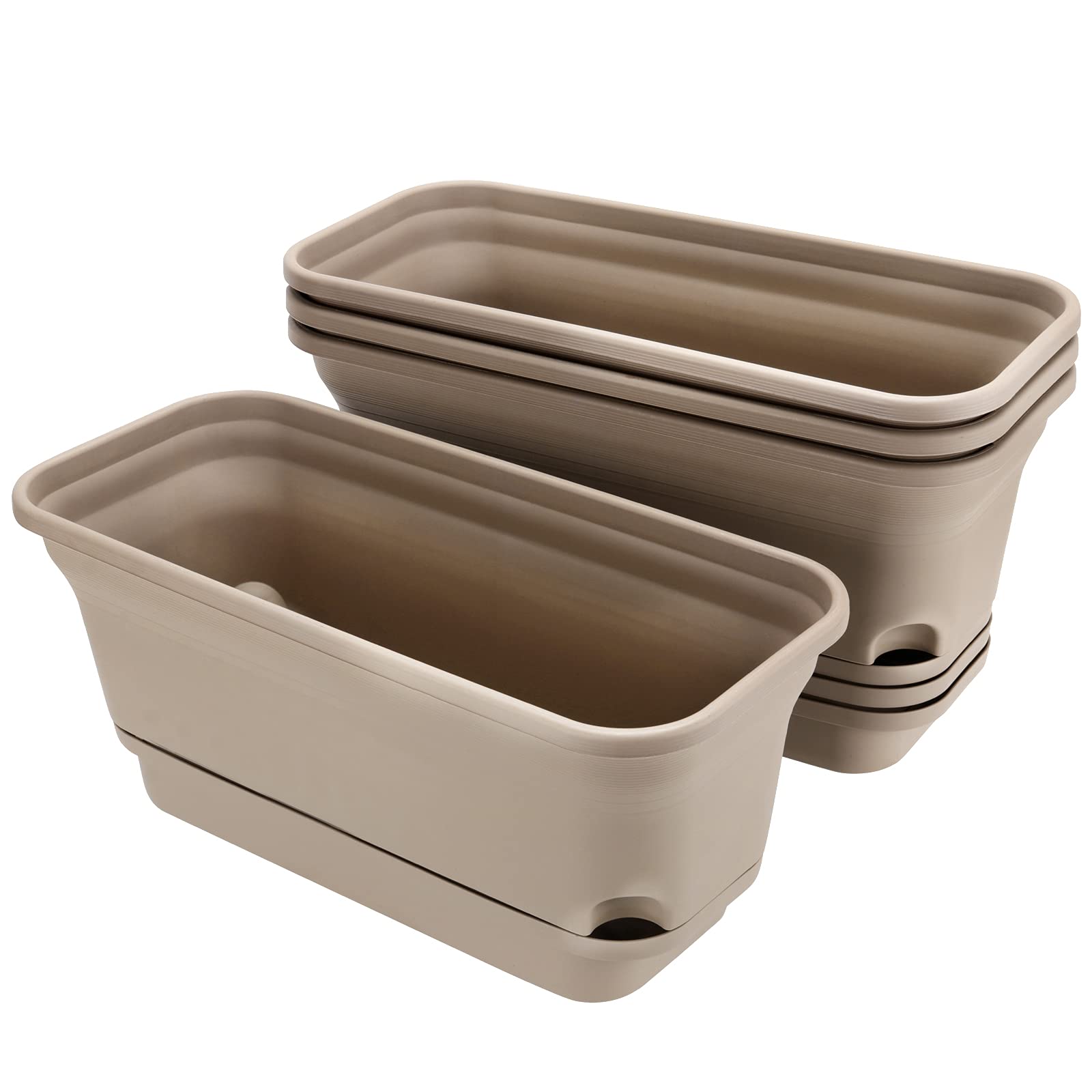 Set of 4 Flower Window Box Plastic Vegetable Planters with Drainage Hole Saucer, 15" Rectangle Self Watering Flowerpot, Garden Plant Decorative Pots for Windowsill, Indoor Succulents, Brown
