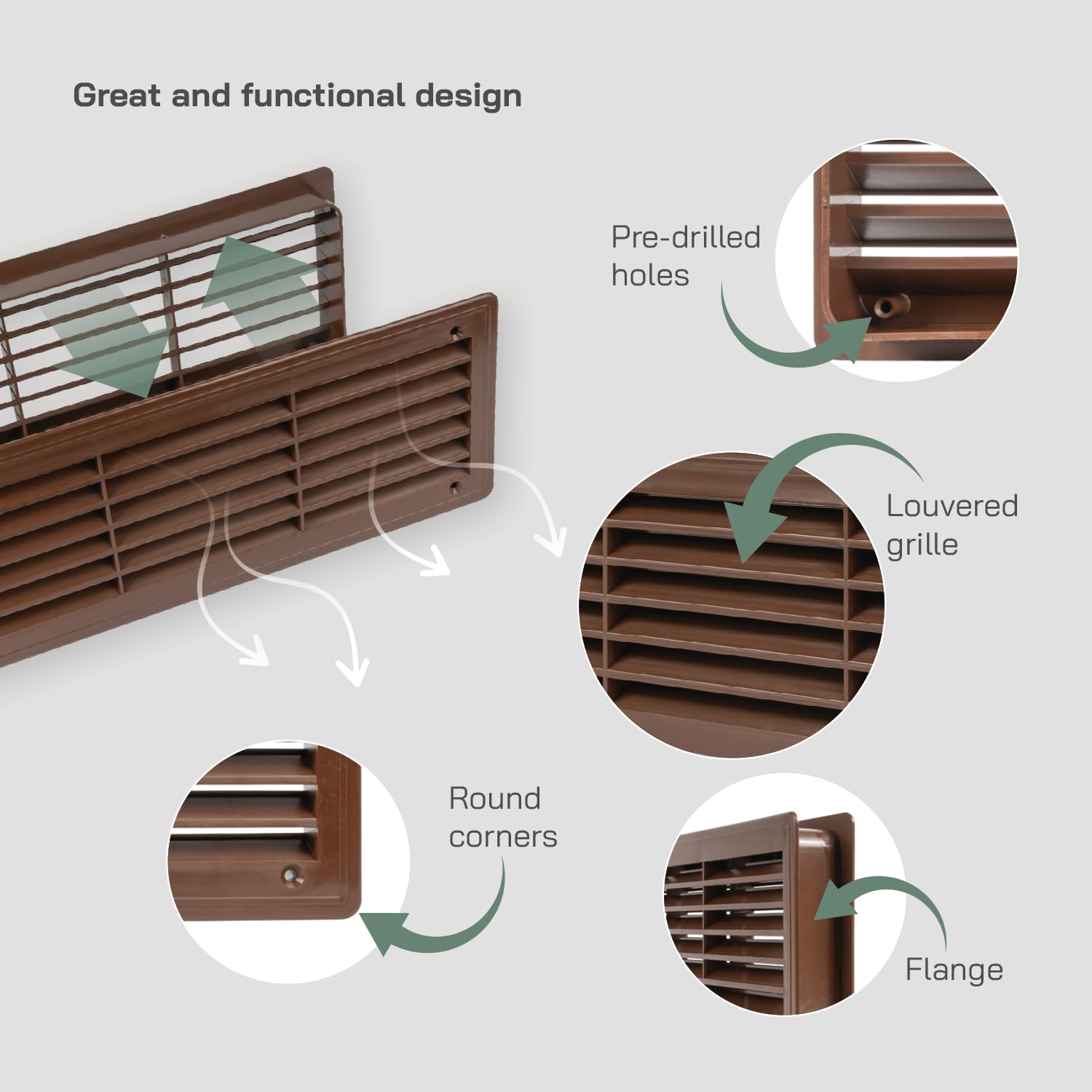 Vent Systems 450 x 120mm – Paquete de 2 – Ventilación de puerta de plástico marrón oscuro para puertas interiores de dos caras – Rejilla de ventilación – Hogar, cocina, rejilla de ventilación