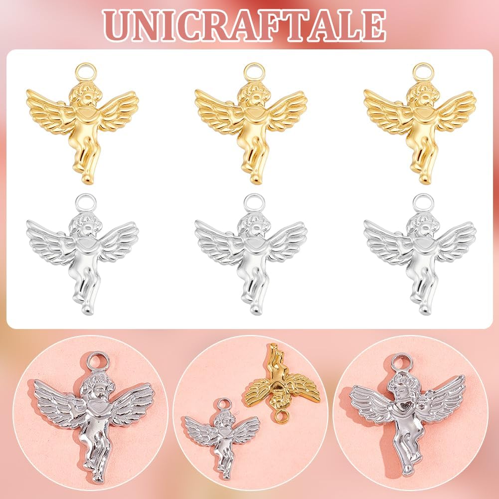 UNICRAFTALE 12Pcs 2 Colors Guardian Angel Charms Stainless Steel Charm Angel Fairy Pendant Metal Wings Double Sided Charms Gold Necklace Pendant Jewelry Making Accessories for DIY Bracelet Earrings - Image 4
