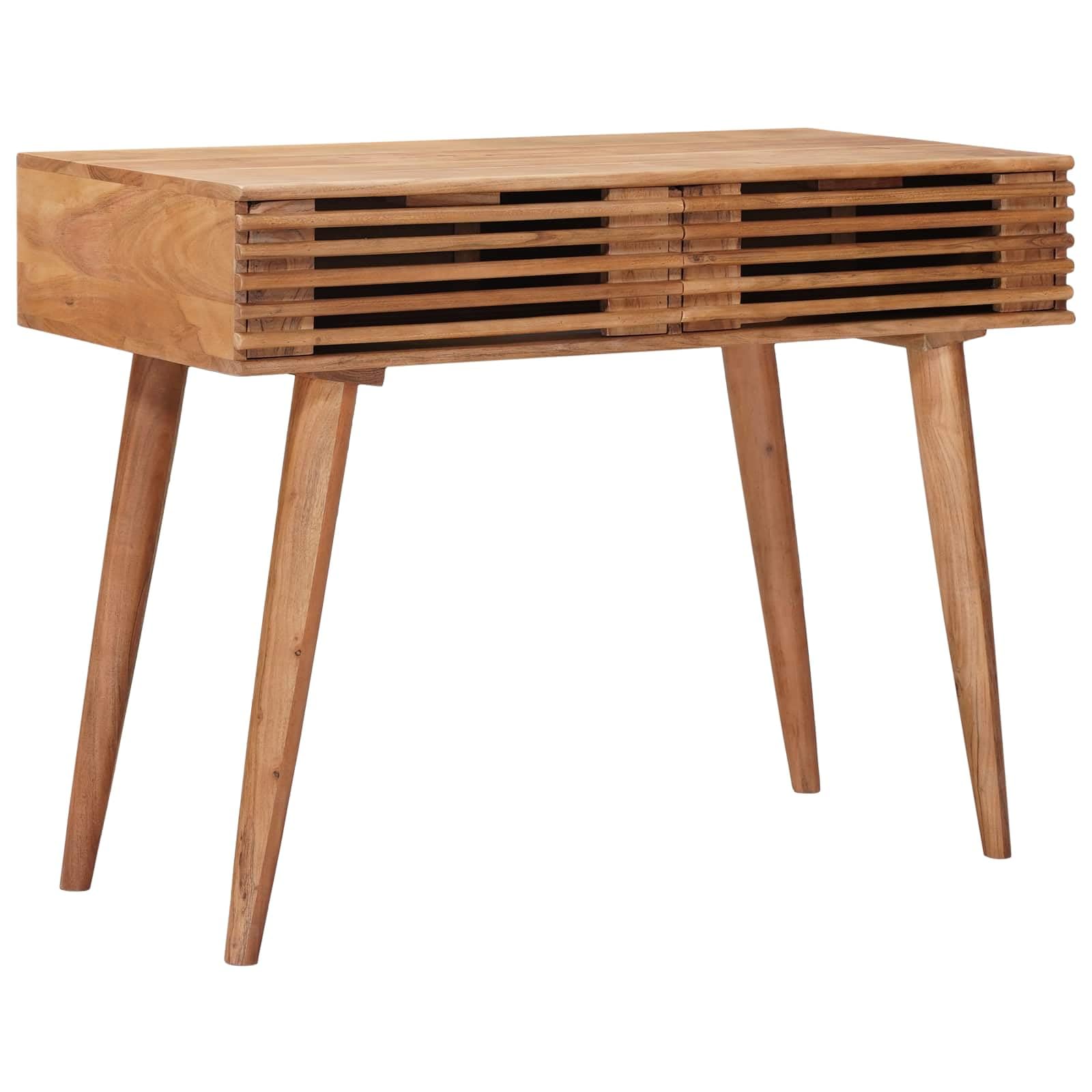 Scrivania fatta a mano in legno di acacia massiccio, marrone teak, 100 x 48 x 76 cm, 2 cassetti, per ufficio, casa, postazione di lavoro, con spazio per laptop