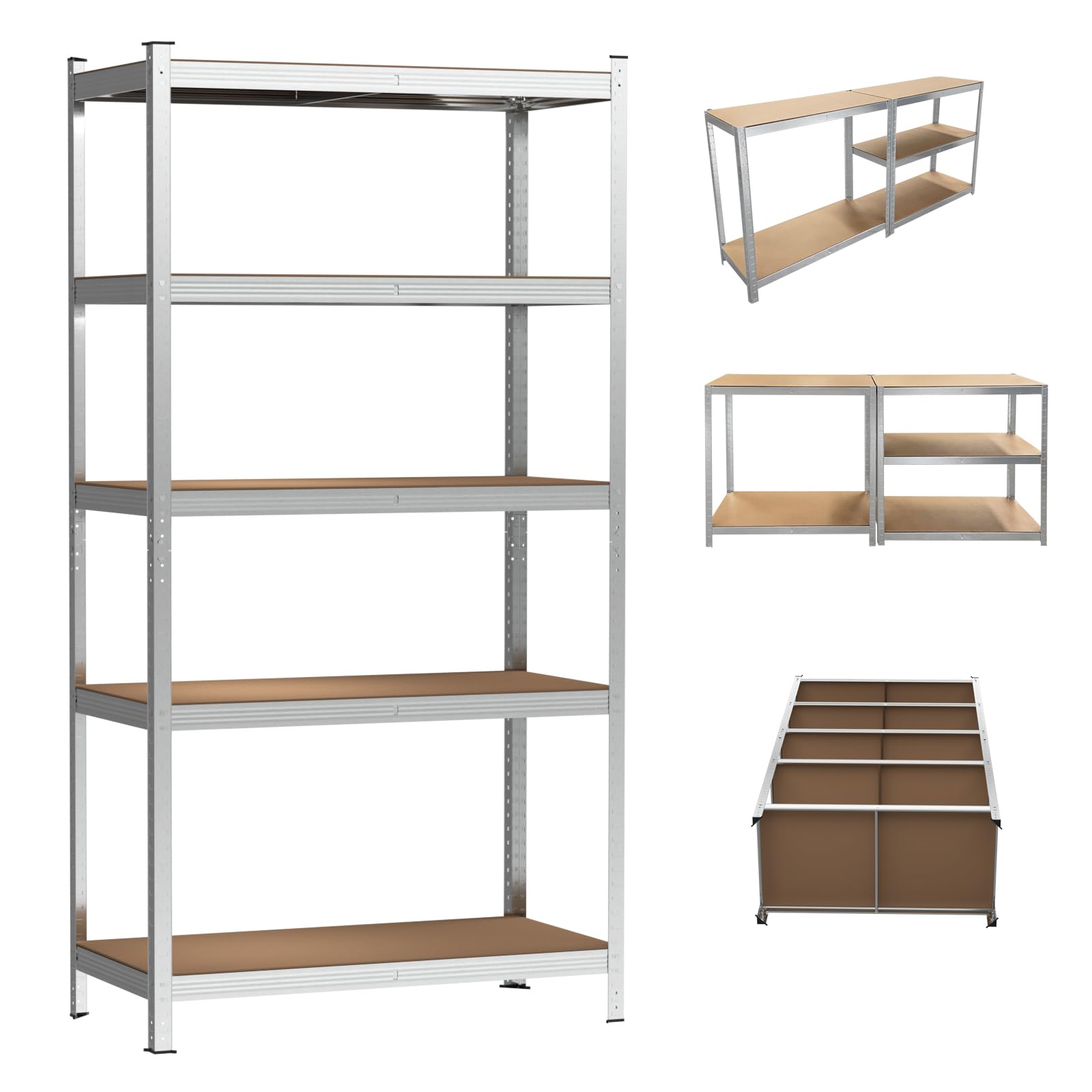 Estantería de metal galvanizado, 180 x 90 x 40 cm, unidad de 5 capas - componentes sin pernos de metal y MDF, estante de almacenamiento para garaje, estante ajustable, fácil de montar, capacidad total