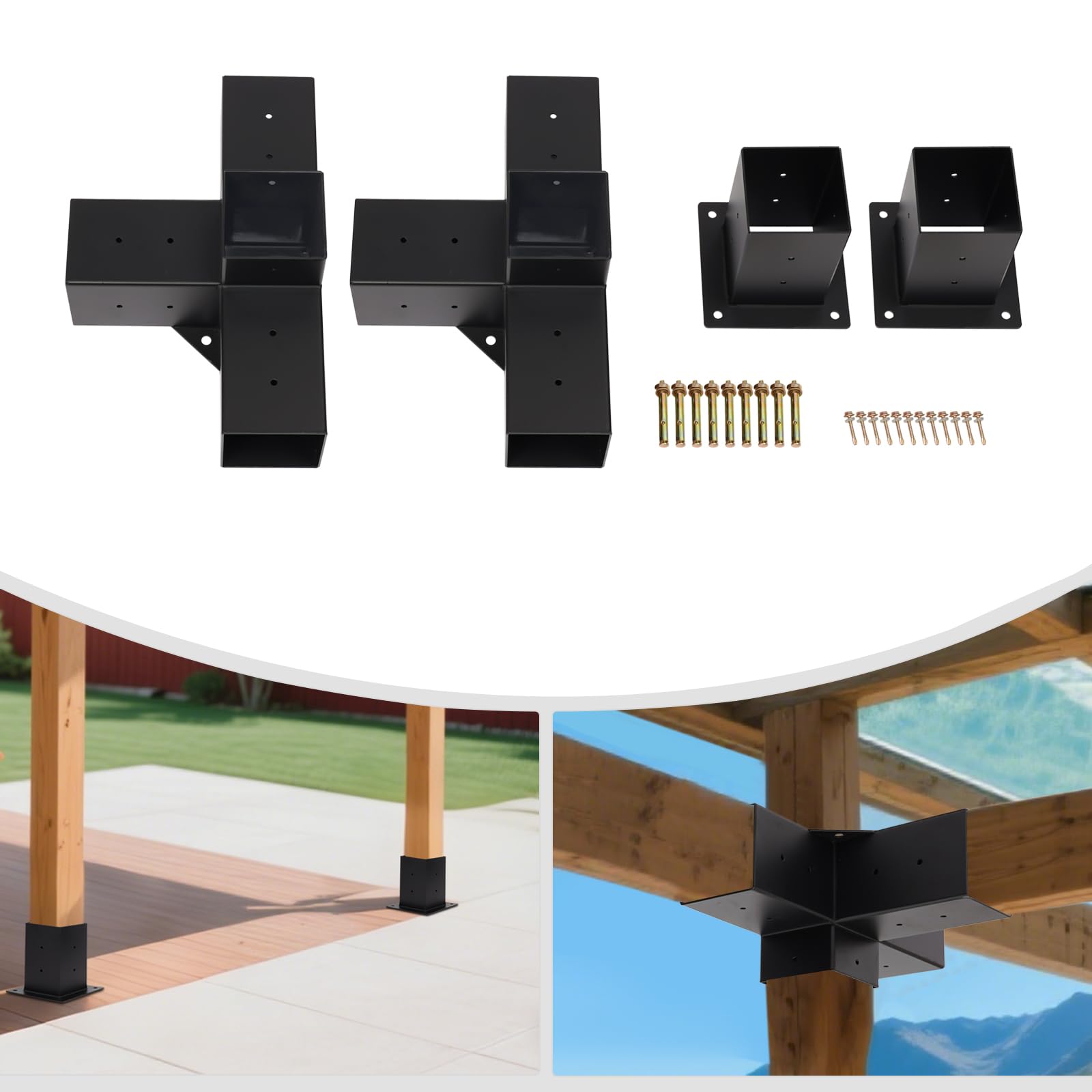 Juego de 4 conectores de postes, conectores de vigas de madera con 2 ángulos de esquina y 2 zócalos, juego de conectores de vigas de madera de metal de 2 mm de grosor para balcones, patios