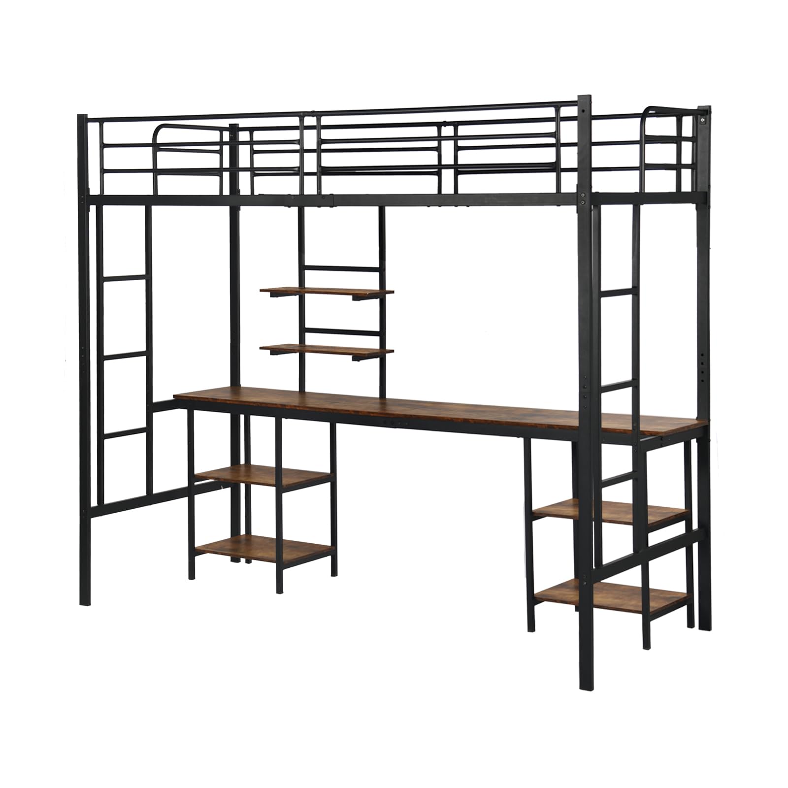 DORAFAIR Cama Mezzanine 90x200 cm de Metal con Escritorio, 3 Estantes y 2 Escaleras, Cama Mezzanine para Niños y Adultos con Láminas de Metal y Barandilla, Estilo Industrial, Negro