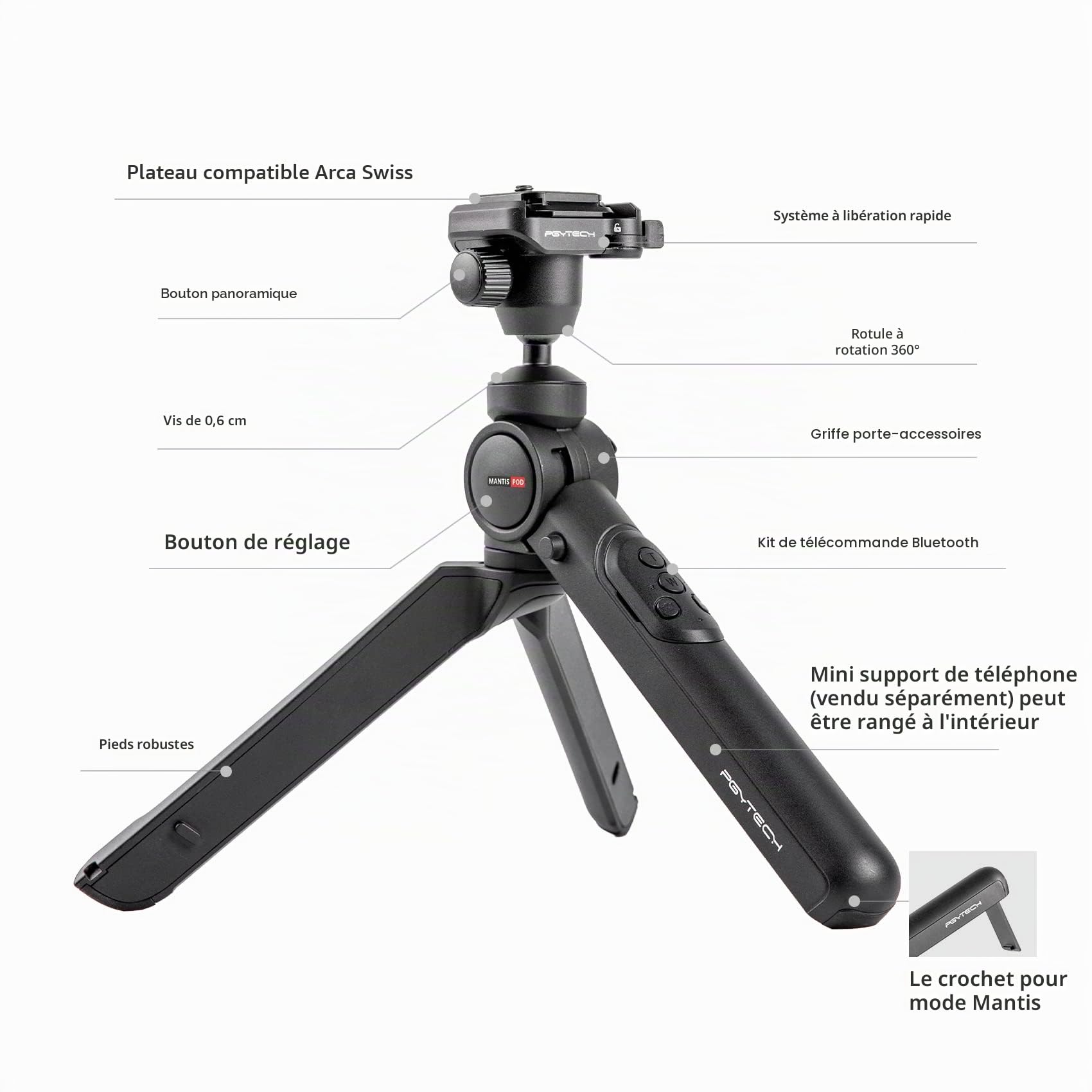 PGYTECH MANTISPOD 2.0 Mini Caméra trépied avec télécommande Bluetooth, Trépied Flexible pour Vlogs, Léger et Compact pour Sony Alpha 7 III/Alpha 7 IV/Alpha 6400/Canon EOS M50 Mark II