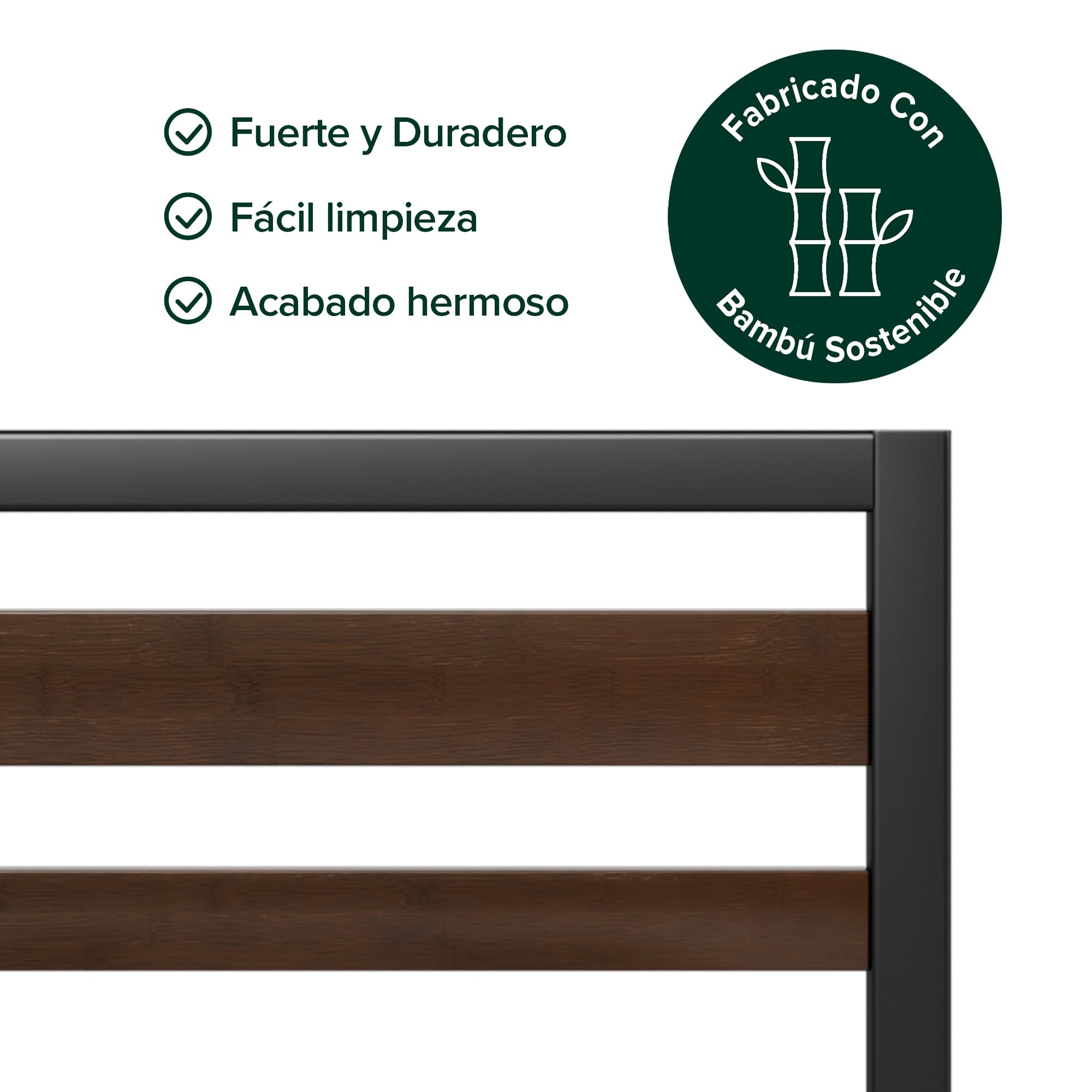 Zinus Kai Somier 135x190 cm - Altura 25.4 cm - Base Cama Matrimonio en Bambú y Acero con Cabecero - Láminas de Metal - Espacio de Almacenamiento - Montaje Fácil- Negro y Marrón