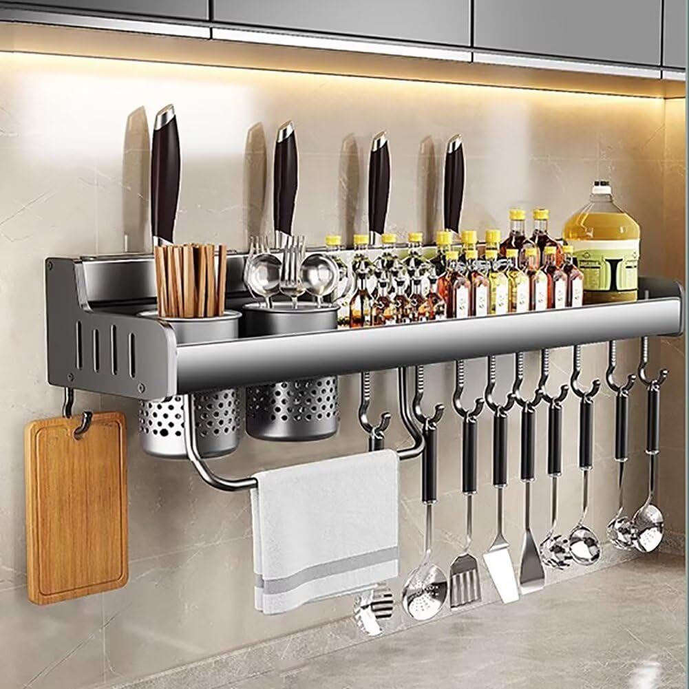 GLJTUO Wall-Mounted Spice Rack, Large Capacity Condiment Storage Shelf with Utensil Holder, Knife Rack & Hooks - No Drilling Required for Easy Installation (50 cm),50 cm