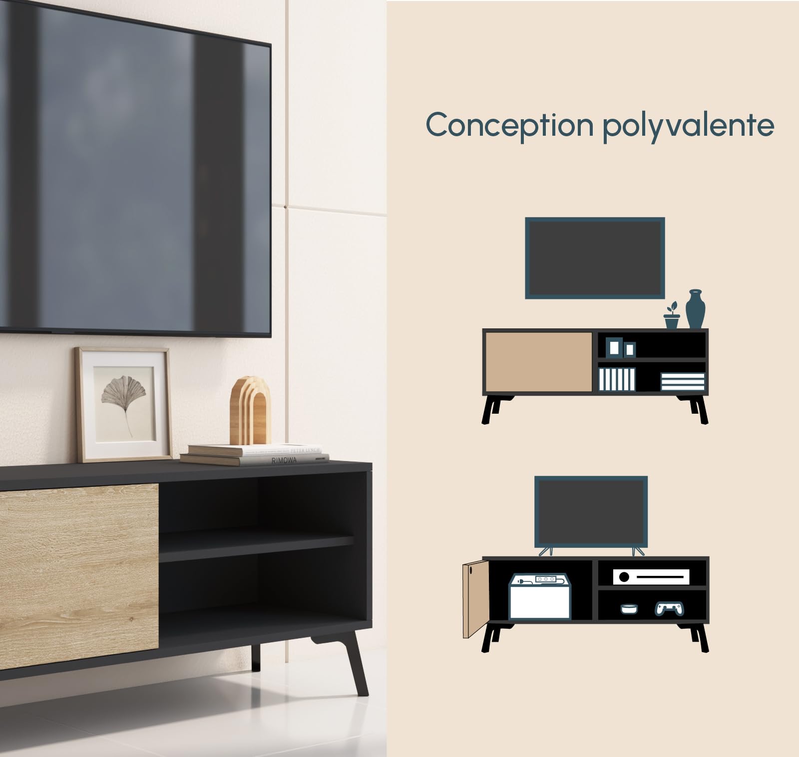 MB Muebles Bonitos | Meuble TV Bas Kai avec 1 Porte pour Salon Moderne | Meuble en Mélamine Mate | Couleur Noir et Sonoma | 100x42x30 cm