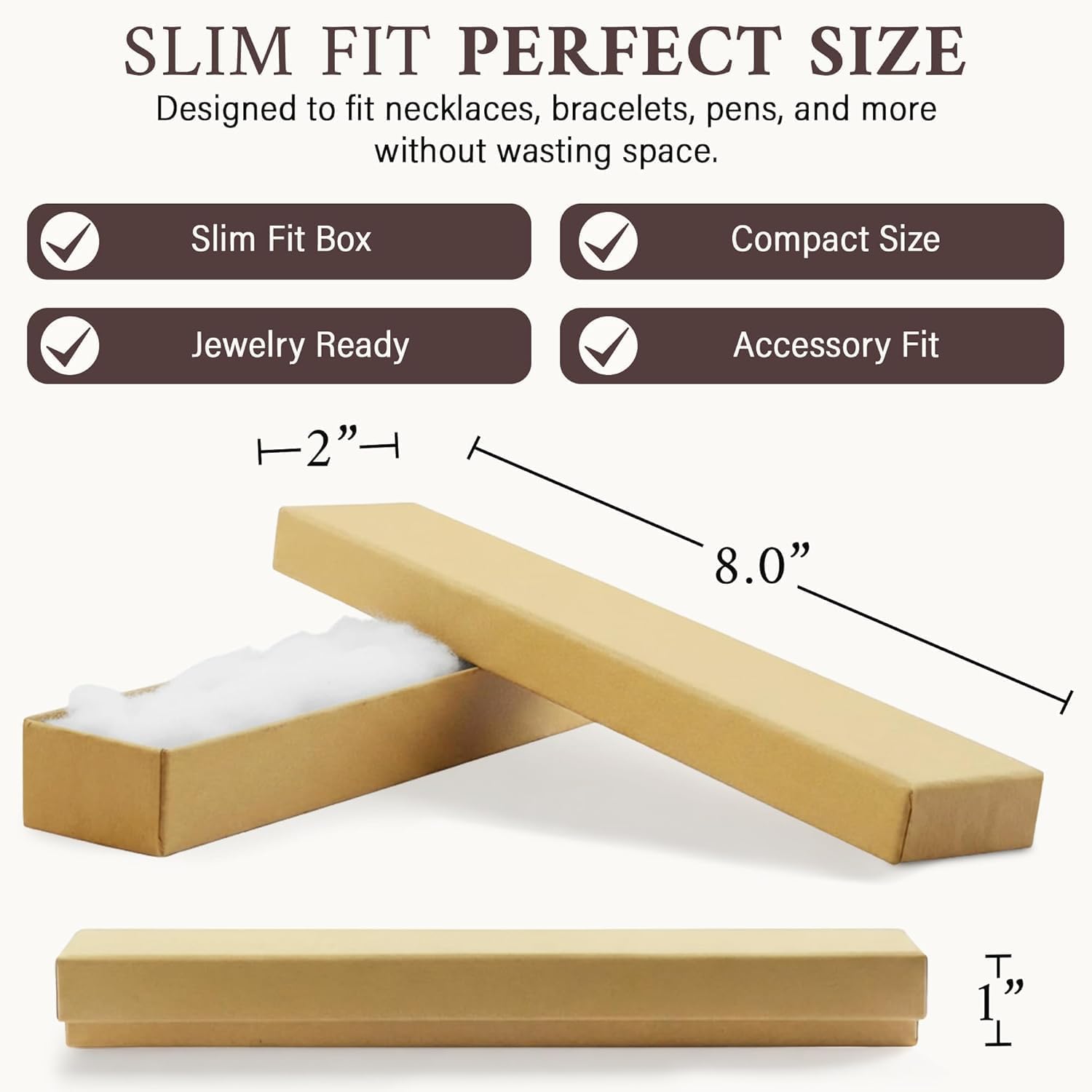 RJ Displays 10 Pack Bracelet Jewelry Boxes, Brown Kraft Cotton Filled Gift Box with Lid – Small Jewelry Gift Box for Necklace, Watch, Bracelet Display Packaging Boxes – 8" x 2" x 1" Inch - Image 6