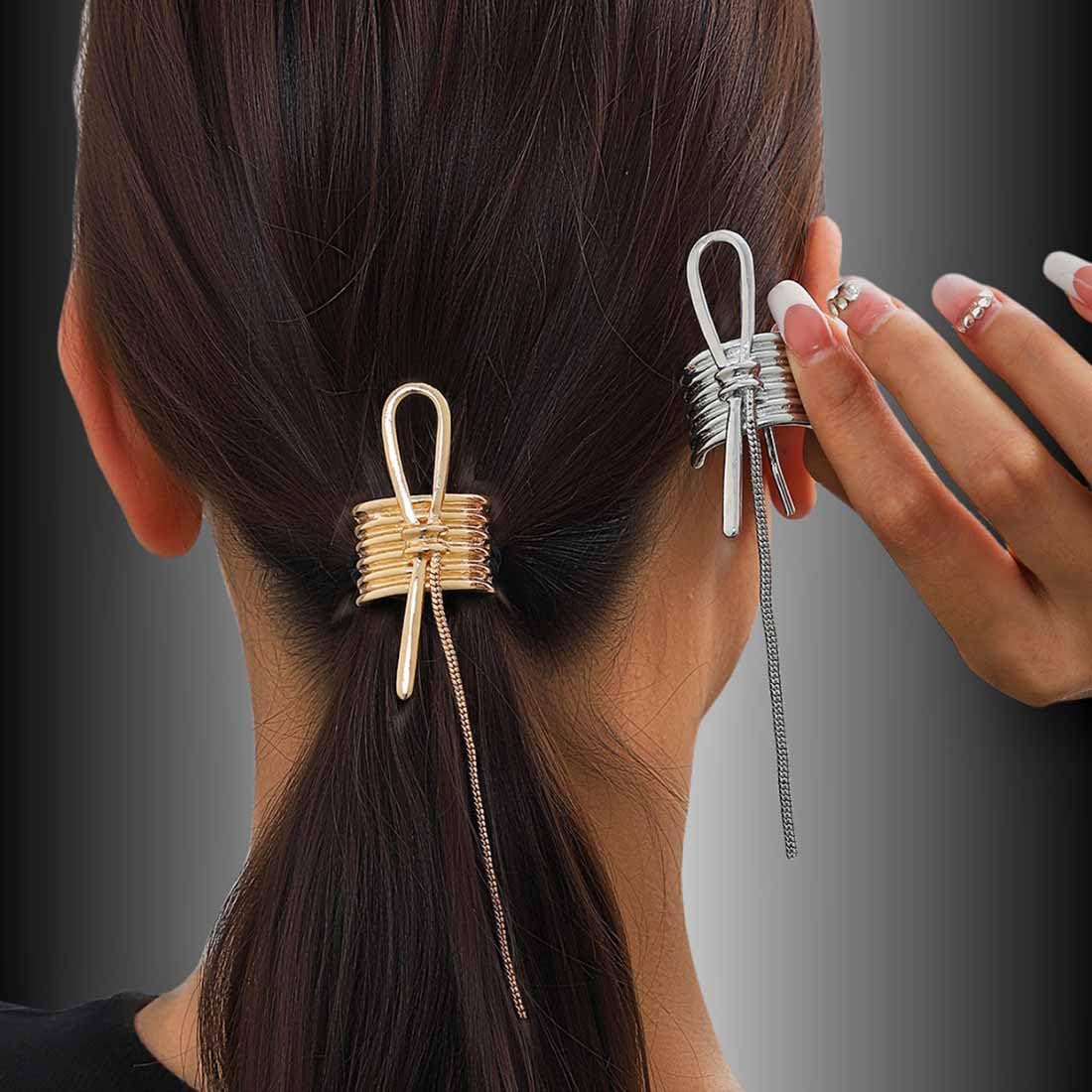 Cubahop Metal Irregular Bow Ponytail Holder Hair Cuffs with Decorative Rings Metal Ponytail Holder Hair Clips for Long Hair Hair Accessories for Women (Golden) - Image 3