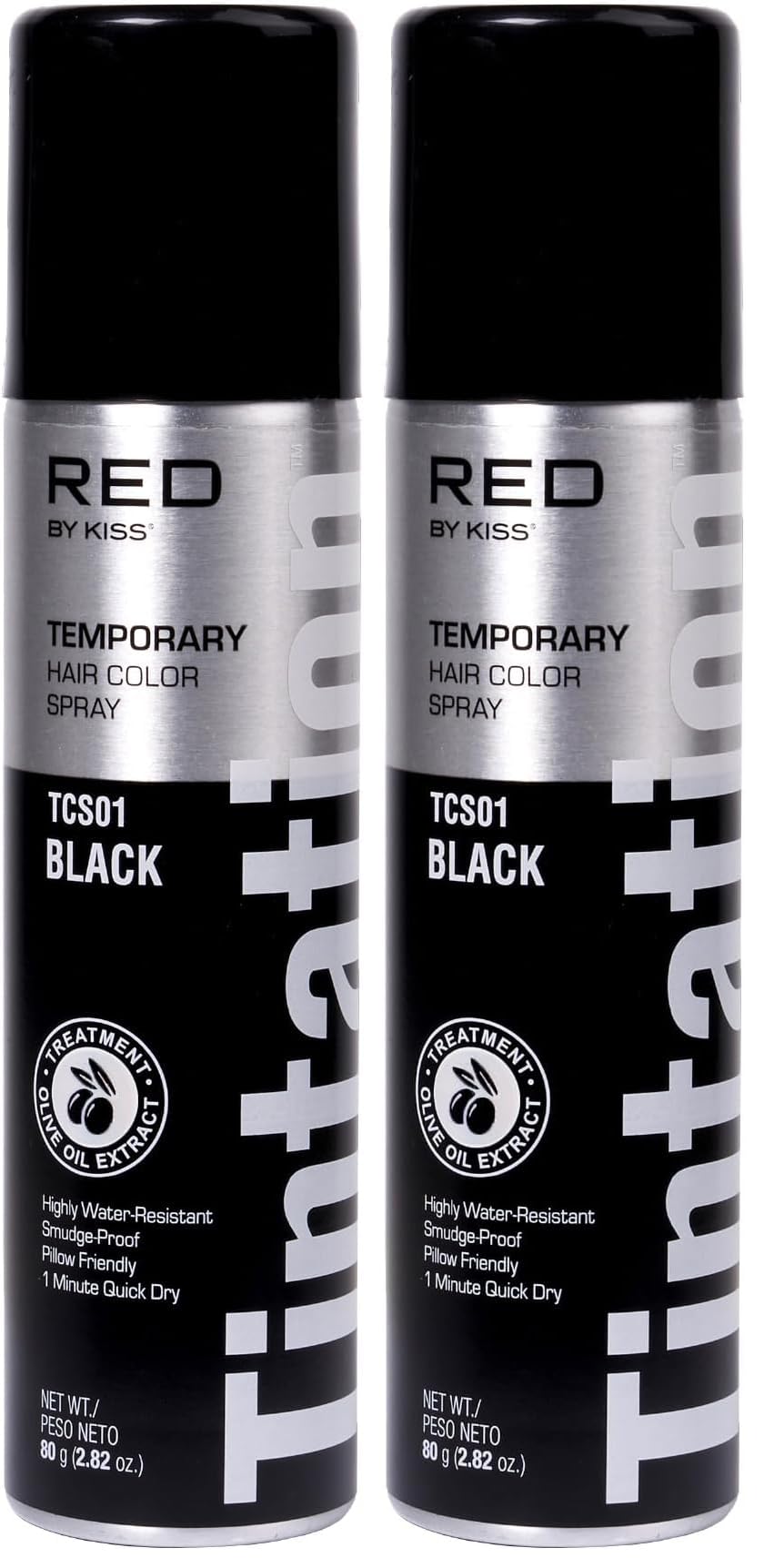 Red by Kiss Tintation Temporary Hair Color Spray, Instant Gray Root Touch Up Coverage, Water-Resistant & Smudge-Proof, Easy Wash Out, Barber & Hairline Touch-Up, Quick-Dry (Black, 2.82 oz) (Pack of 2)