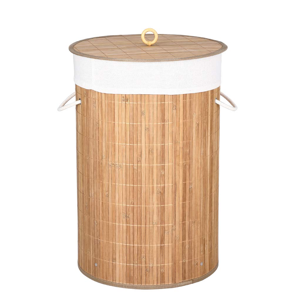 Bakaji Cesto Biancheria Sporca Portabiancheria Casa in Legno di Bambù e Tessuto Contenitore Pieghevole Salvaspazio con Coperchio e Manici Capacità 70lt Dimensione 38 x 60 cm (Naturale)