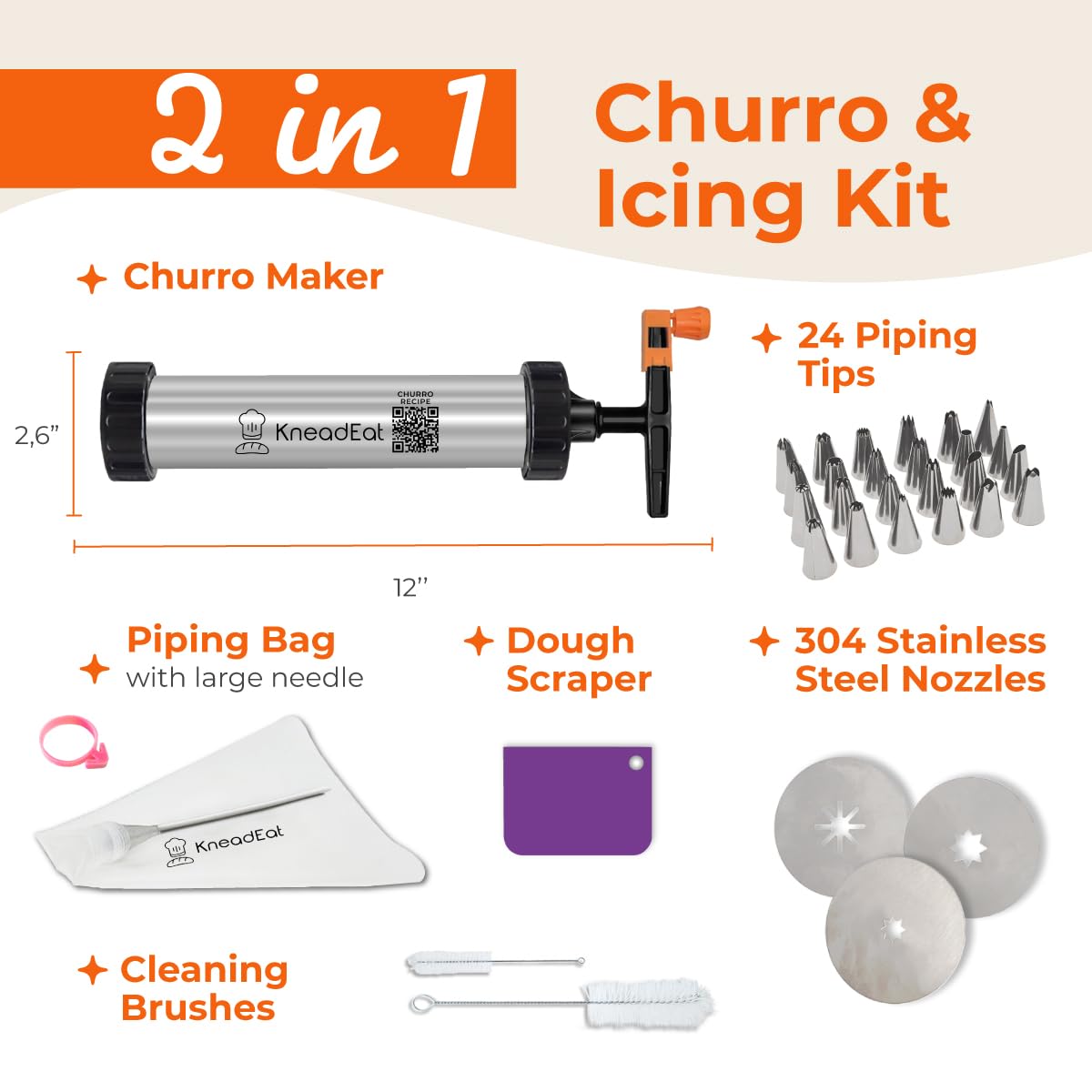 Kit de fabrication de churros avec poignée booster Acier inoxydable 304 Poche à douille XL Churros Remplissage facile QR-Recipe - Presse à churro KneadEat