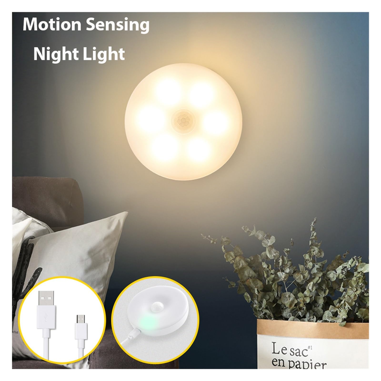 Led Okrągły Czujnik Światła Nocnego Lampki Nocne USB Ładowanie LED Szafka Kinkiet Do Szafy Oświetlenia Szafki W Korytarzu Domu Czujnik Ruchu(Warm white,3 Pcs)