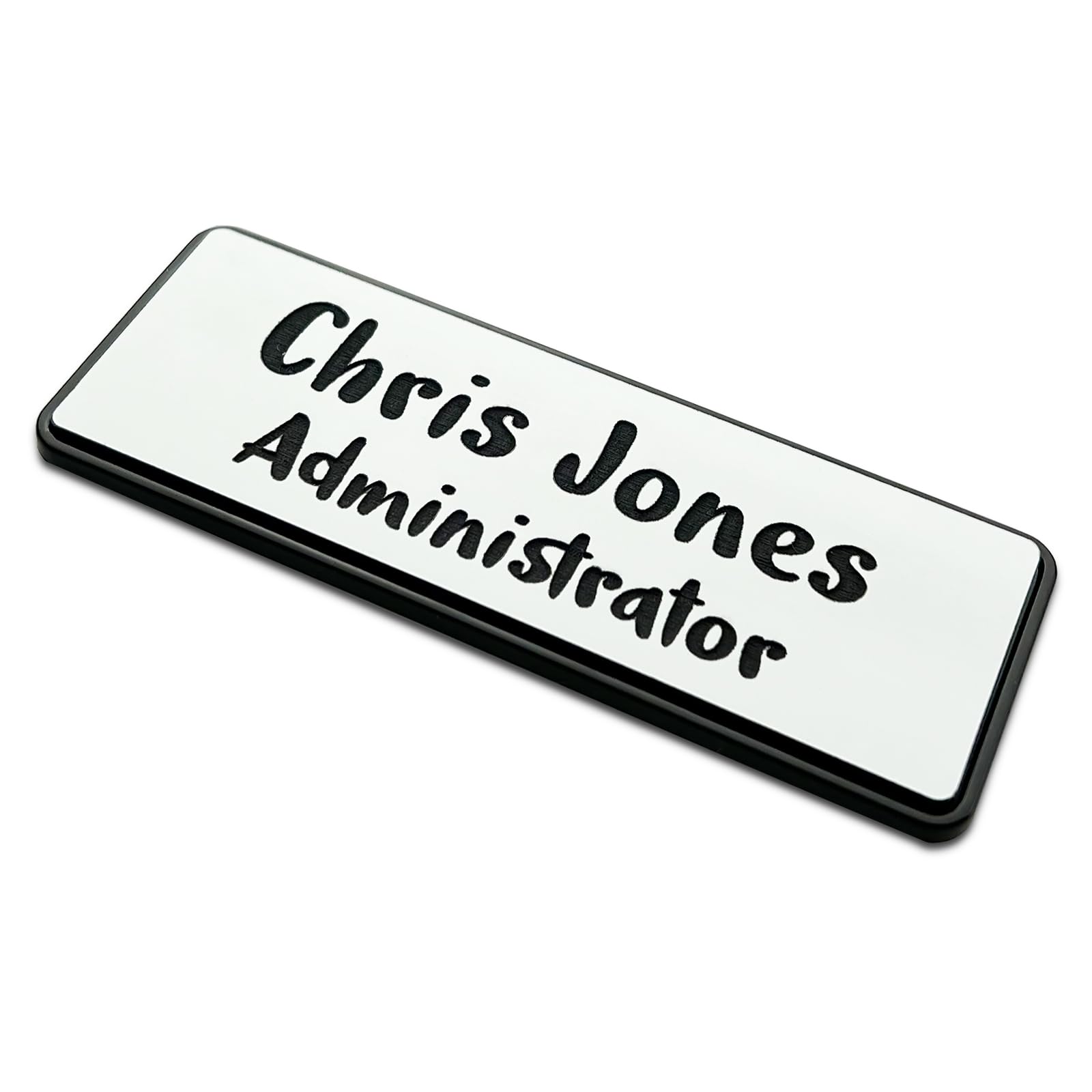 Custom Engraved Name Tag ID Badges Personalized Identification with Pin or Magnetic Clip Adhesive Backing White/Black Text, 1" x 3"