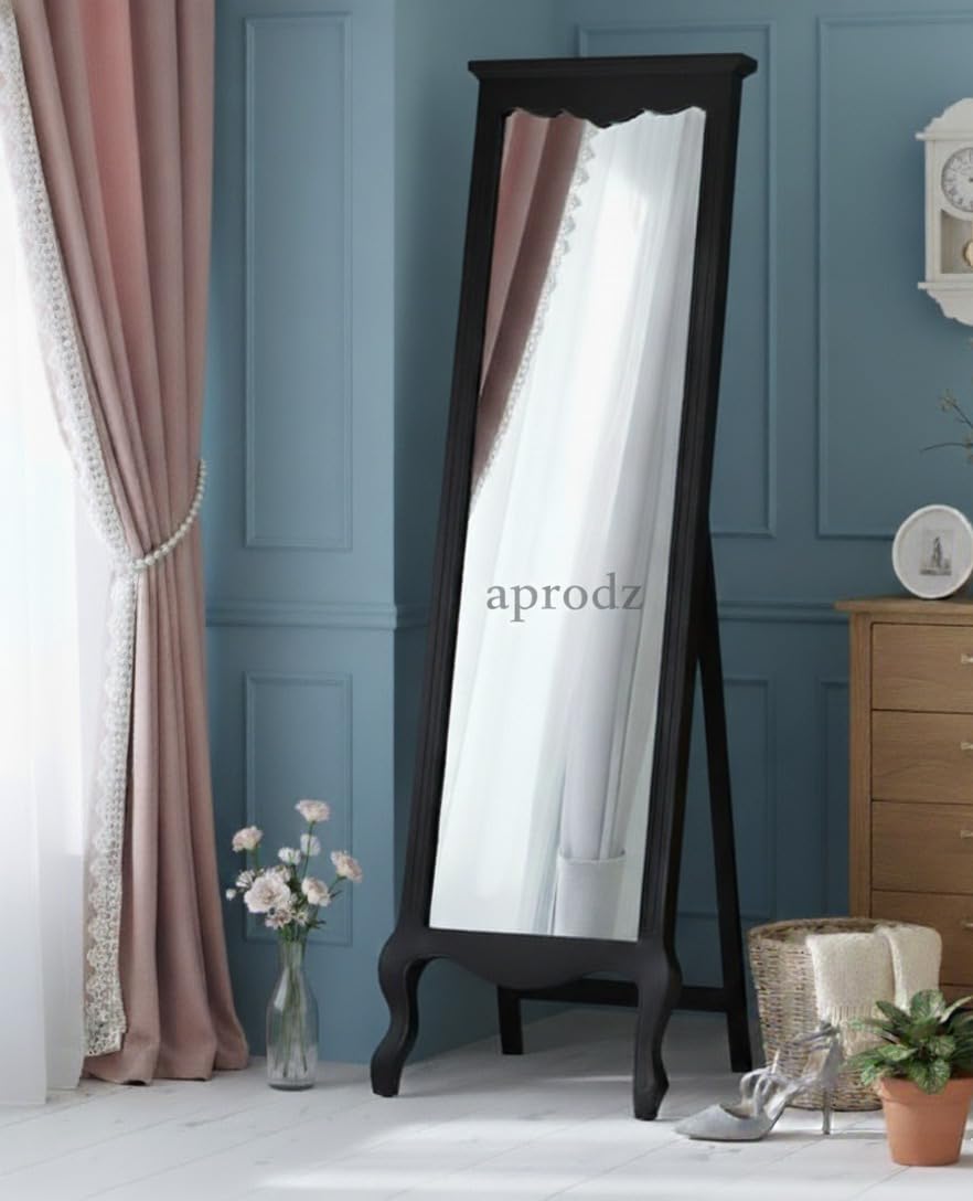APRODZ Thalo Mango Wood Mirror Full Length Decorative Floor Standing Dressing Tempered Proof Selfie Mirror with Stylish Frame for Living Room, Bedroom, Hotels (Black Finish)