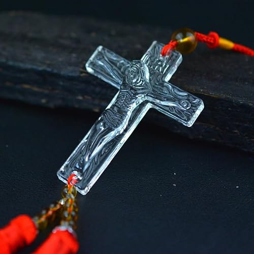 Miniatura 3 de Borlas dobles de seda de hielo, cruz de cristal para espejo retrovisor de automóvil, adornos colgantes con borlas cruzadas cristianas, accesorios