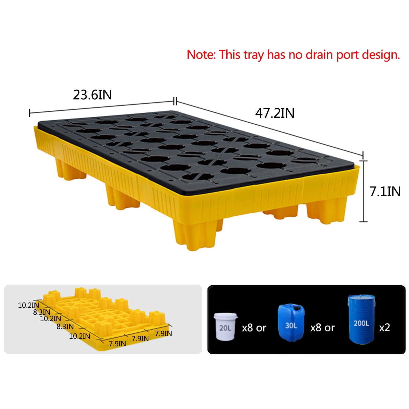 PFCDZDU 2 Drum Containment Spill Pallet, Industrial Oil Drums Anti Slip Safety Tray with Drain, Kitchen Garage Detachable Leak-Proof Polyethylene Pad Board (Color : Yellow-1 Pack, Size : 47.2