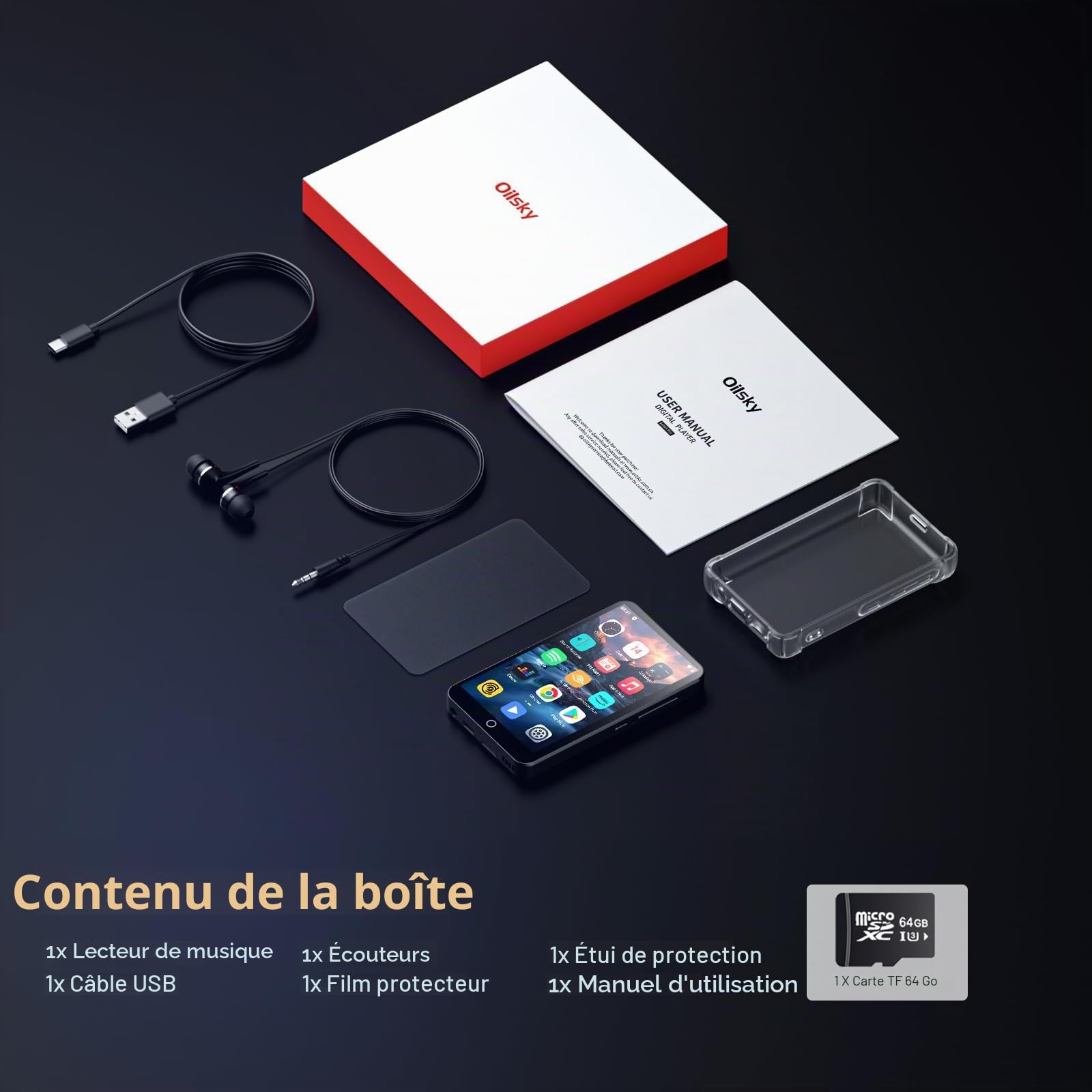 Lecteur MP3 avec Bluetooth et WiFi, Oilsky 80GB 4'' Android 9.0 Lecteur de Musique, MP4 à écran Tactile 1080P, Mp3 Portable avec Spotify, Audible, Deezer (Noir)