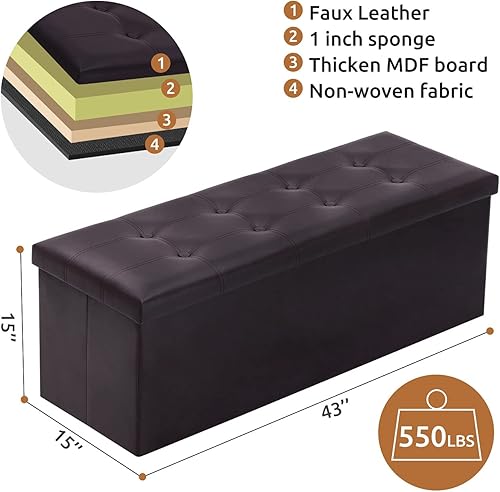 Miniatura 3 de YOUDENOVA Banco otomano plegable de almacenamiento de 43 pulgadas, otomana para dormitorio, sala de estar y pasillo, asiento reposapiés de 120 L con