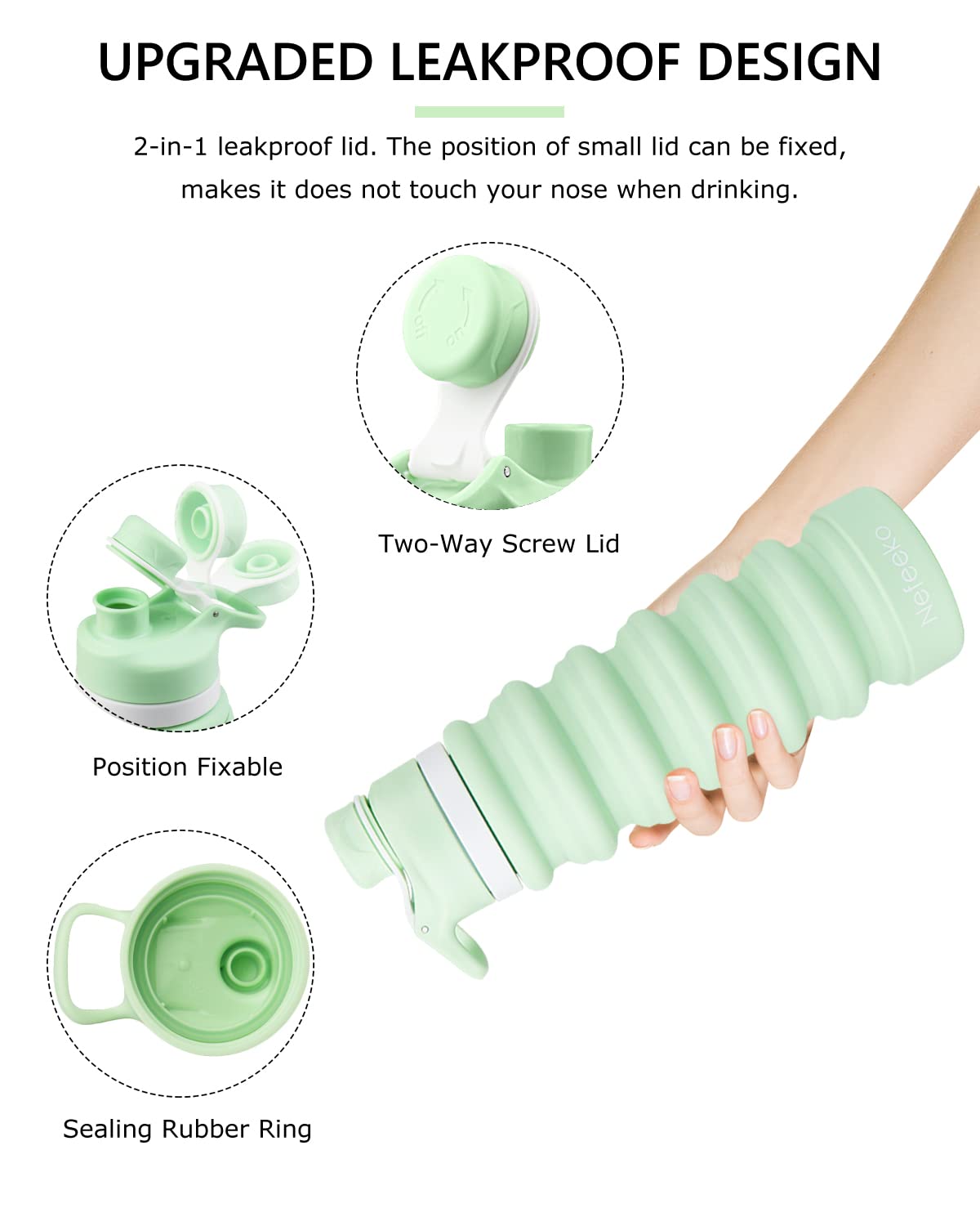 Nefeeko Faltbare Wasserflasche, 750 ml, Silikon, faltbar, auslaufsicher, BPA-frei, Reise-Wasserflaschen mit Karabiner, tragbare Sport-Wasserflaschen für Camping, Wandern, Outdoor, Indoor-Sport