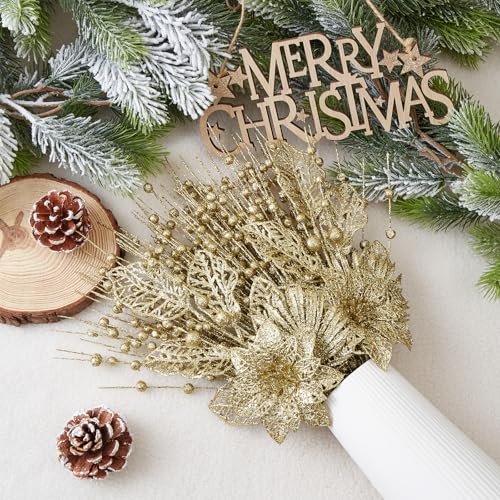 CristBest 24 Pack Christmas Tree Ornaments - Artificial Flowers Glitter Berry Stems Christmas Floral Picks Branches for Xmas Tree Decorations Vase Filler Holiday Wedding Party Home Decor (Gold) - image 3