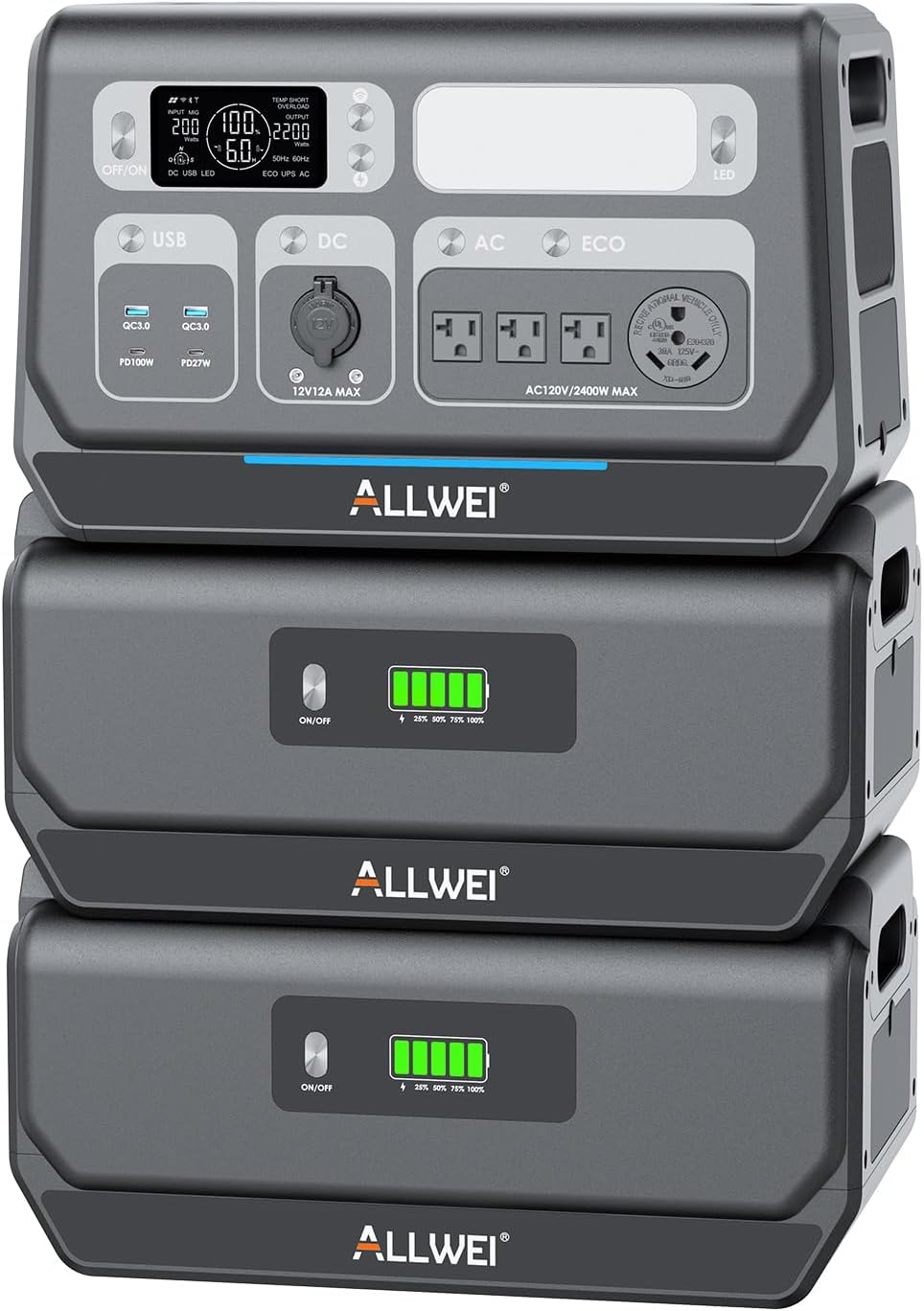 ALLWEI 2400W Portable Power Station with 2 x B200 PRO Expansion Battery, 6144Wh LiFePO4 Battery 4 AC Outlets Up to 2400W for Home, Outdoor Camping, RV, with 1500W AC Charging &1200W Solar Charging