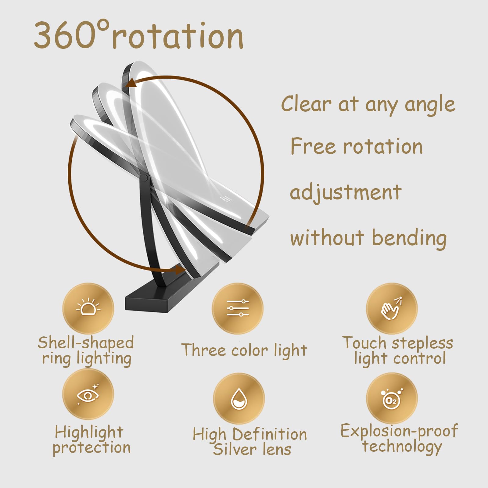 Okrągłe złote lustro toaletkowe LED obracane o 360°, 60 cm, ściemniane lustro toaletkowe z 3 ustawieniami kolorów, do makijażu i akcesoriów kosmetycznych