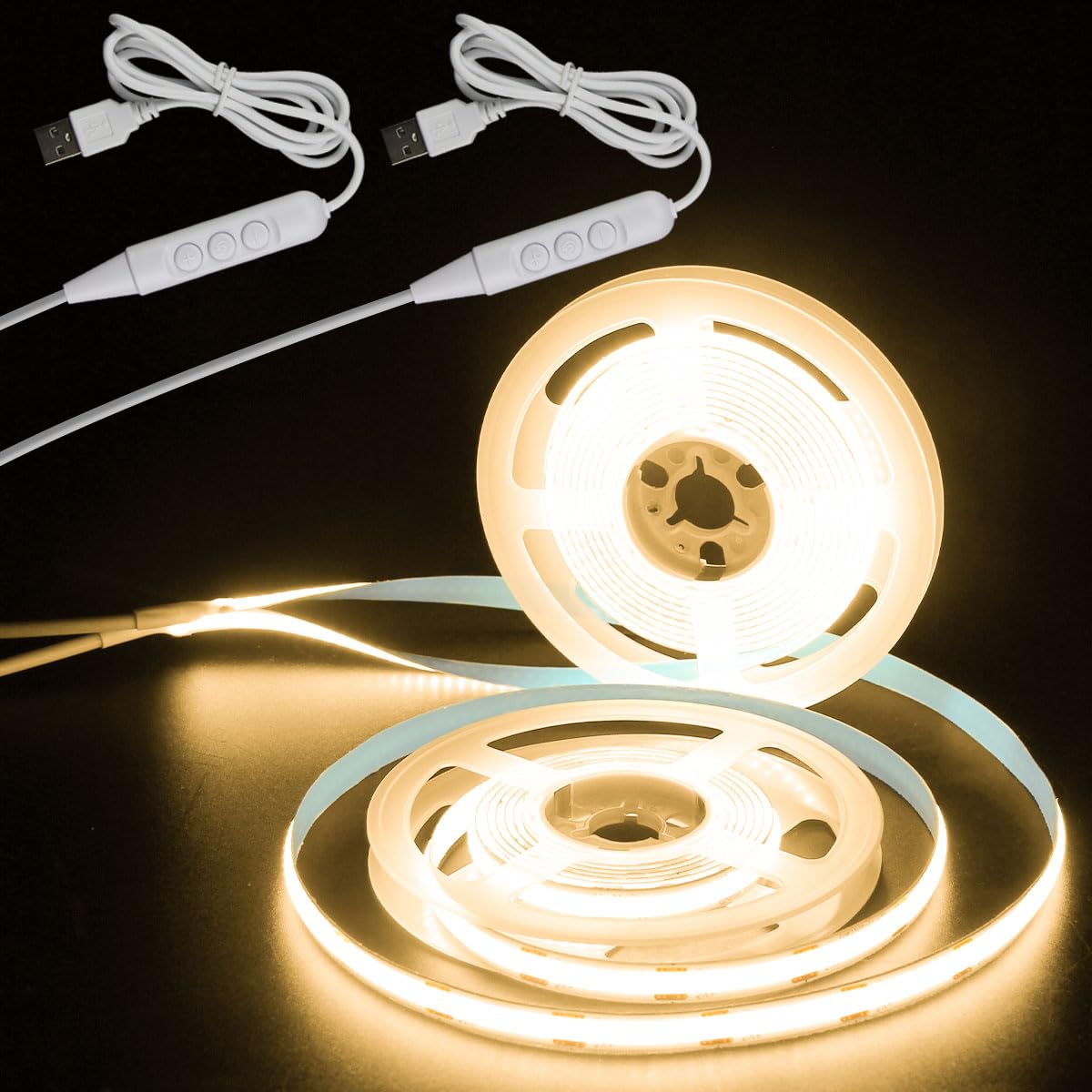 Aclorol COB LED Strip Light 5V USB 6.56FT/2M 640LEDs Dimmable LED TV Backlights Warm White 3000K with 8mm Width Cuttable for Display Cabinet Living Room Entertainment DIY Lighting Decoration (2 Pack)