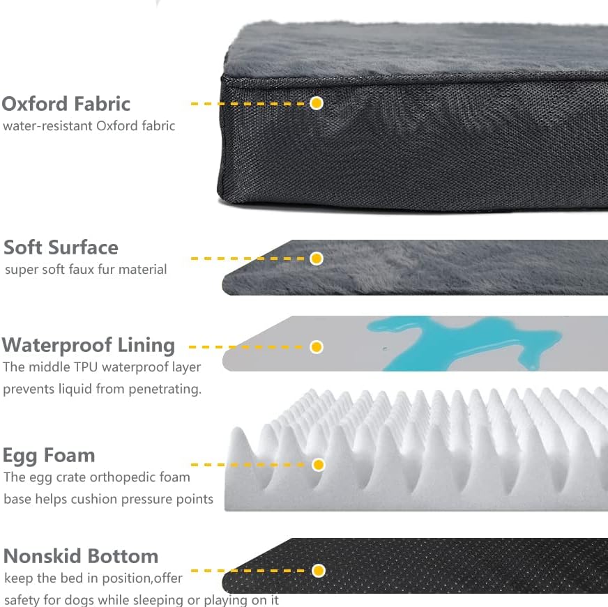 review XL Dog Bed Washable Removable Cover Memory Foam,Orthopedic Dog Crate Bed 41 x 27 with Waterproof Inner Lining,Egg Crates Foam Pad Replacement Dog Beds,Pain Relief for Arthritis,Dark Grey