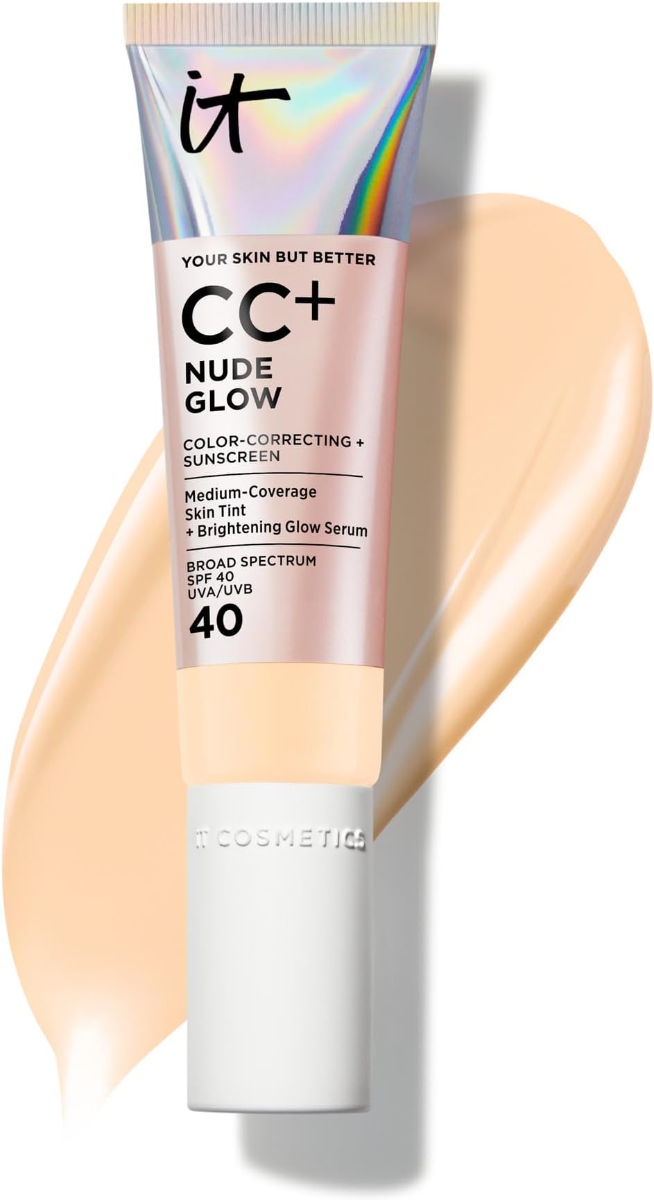 CC+ Nude Glow SPF 40 - Medium Coverage Foundation, 2% Niacinamide + Hyaluronic Acid Brightening Glow Serum, Lightweight Up to 24H Hydration, Normal to Dry & Mature Skin - 1.08 fl oz
