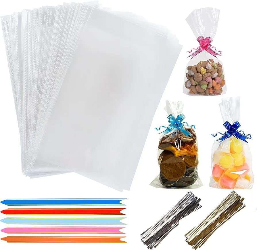eHom Large Cellophane Bags 9 x 13 Inch (Pack of 50) Food Safe Cookie Bags with Mix Colors Pull Bows - Clear Bag for Gifts, Packaging, Wrapping Sweet Bags for Hamper Making for Birthday Party
