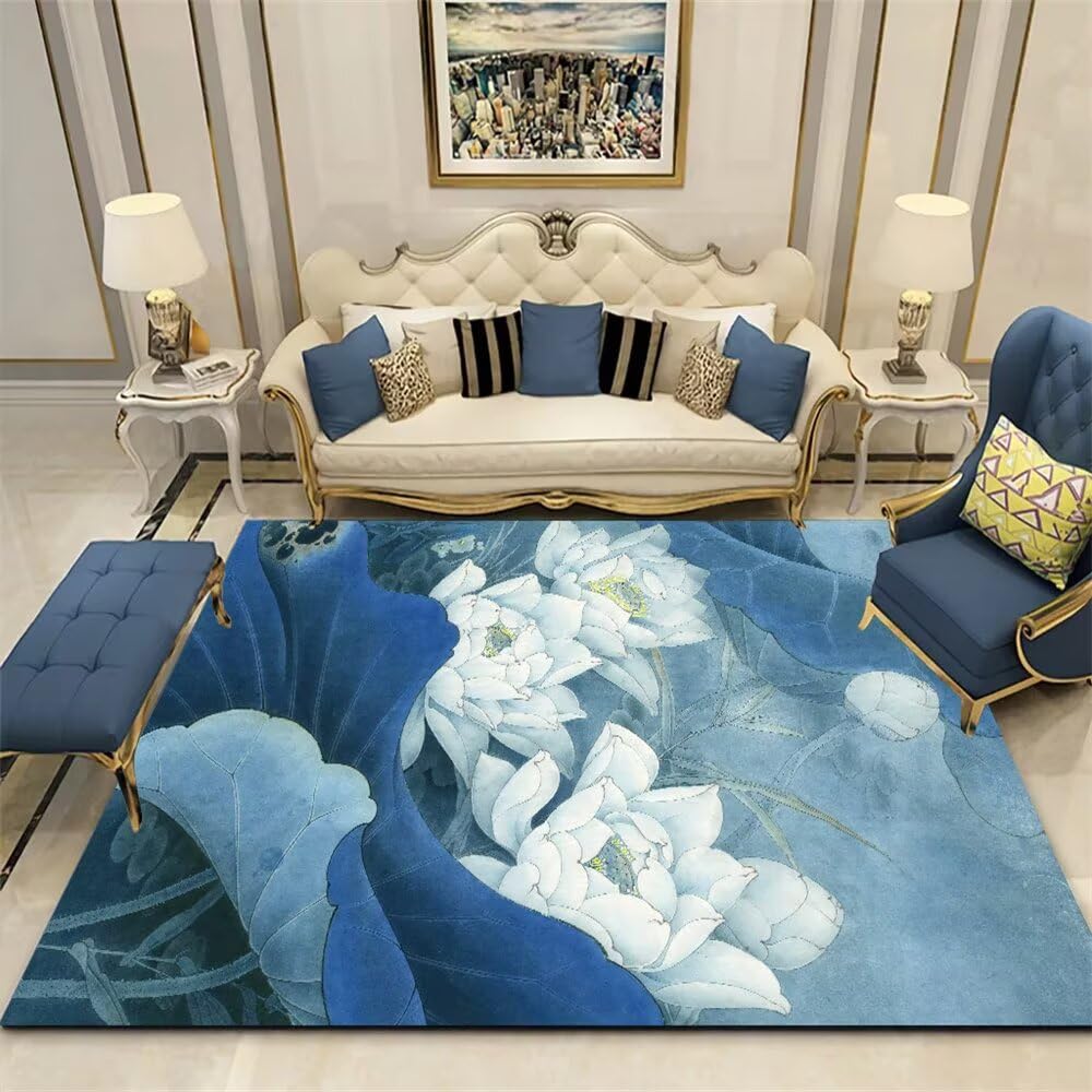Tapis de passage bleu 90x120cm à fleurs blanches pour salon