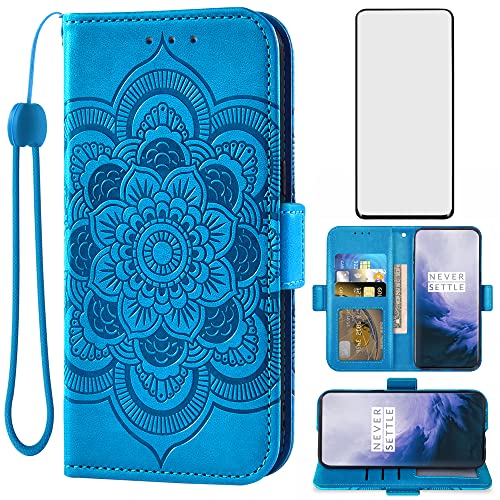 Compatible with OnePlus 7 Pro Wallet Case and Tempered Glass Screen Protector Flip Cover Card Holder Cell Phone Cases for OnePlus7Pro 5G One Plus 1+7 1Plus OnePlus7 7Pro One+ 1 + Seven Women Men Blue