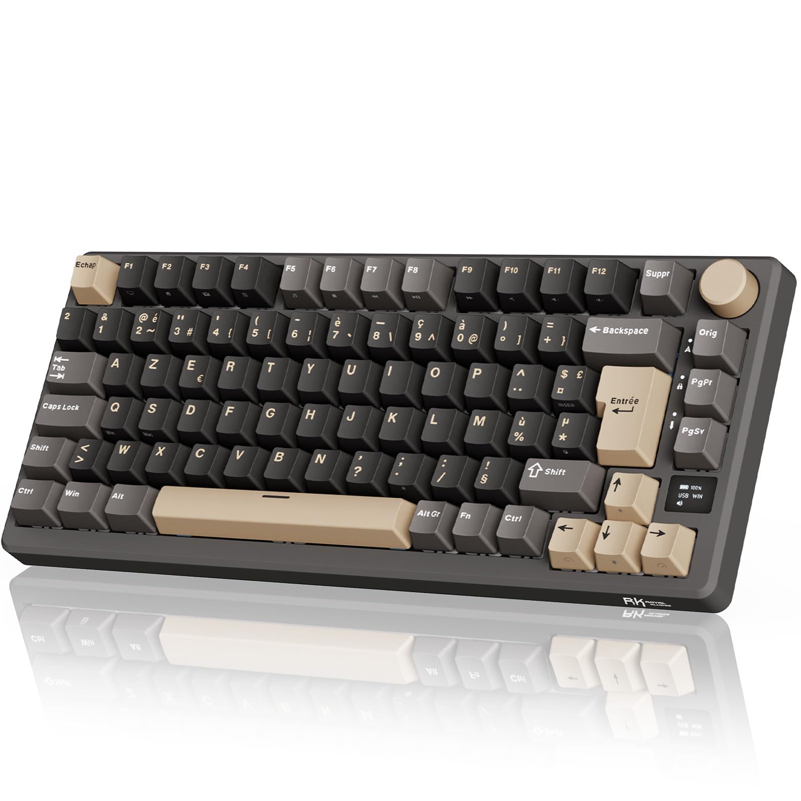 RK ROYAL KLUDGE M75 Clavier Mécanique sans Fil, Azerty BT5.0/2.4G/USB-C Compact 75% Clavier Gamer Mécanique avec écran Intelligent OLED et Bouton Rétroéclairage RVB, Interrupteur Rouge, Grey