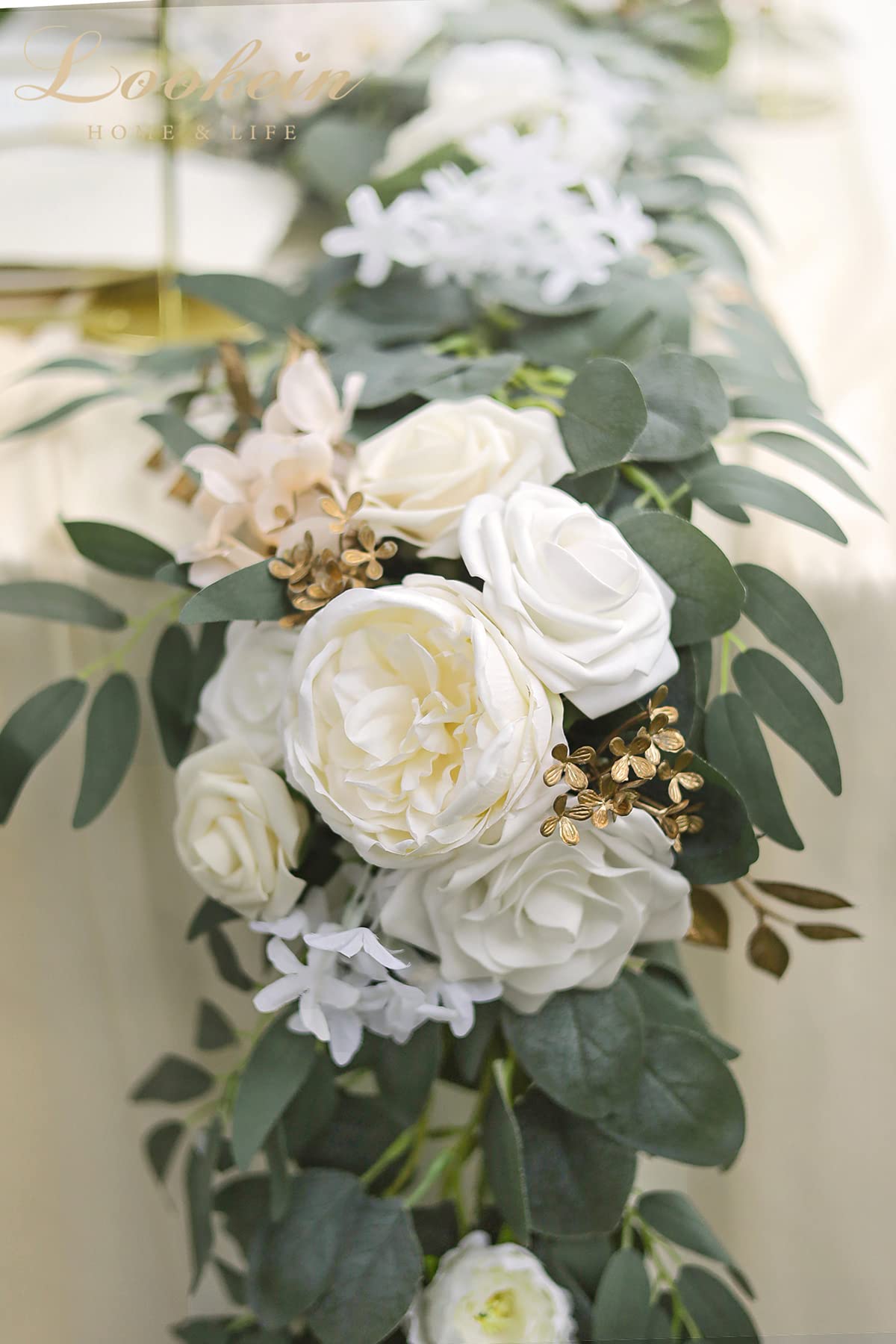 Lookein Blumengirlande, Eukalyptus-Girlande mit Blumen für Hochzeit, Tafelaufsätze für Probe, Abendessen, Brautparty, cremefarben, 1,8 m