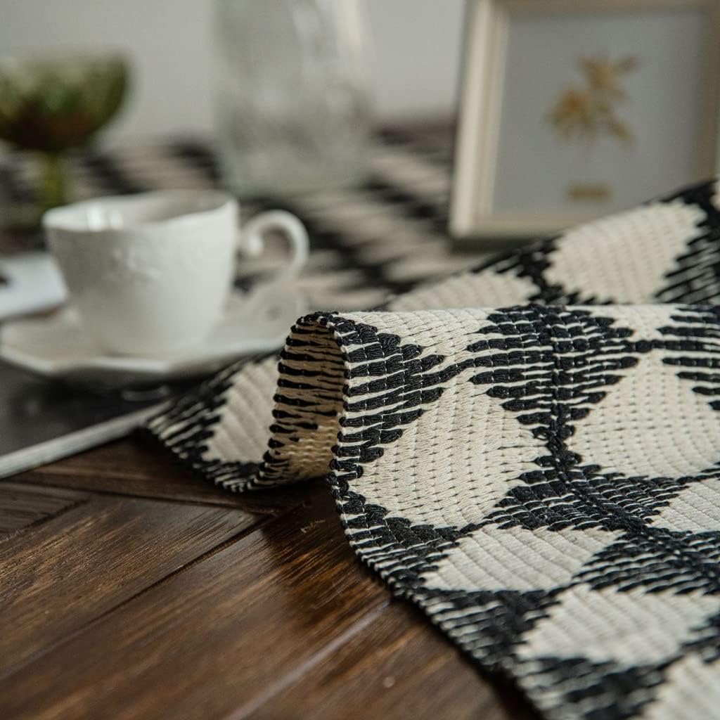 Table Decoration Table Runner Cotton Thread Black and White Woven Table Runners for Home Party Decor(34x350cm)