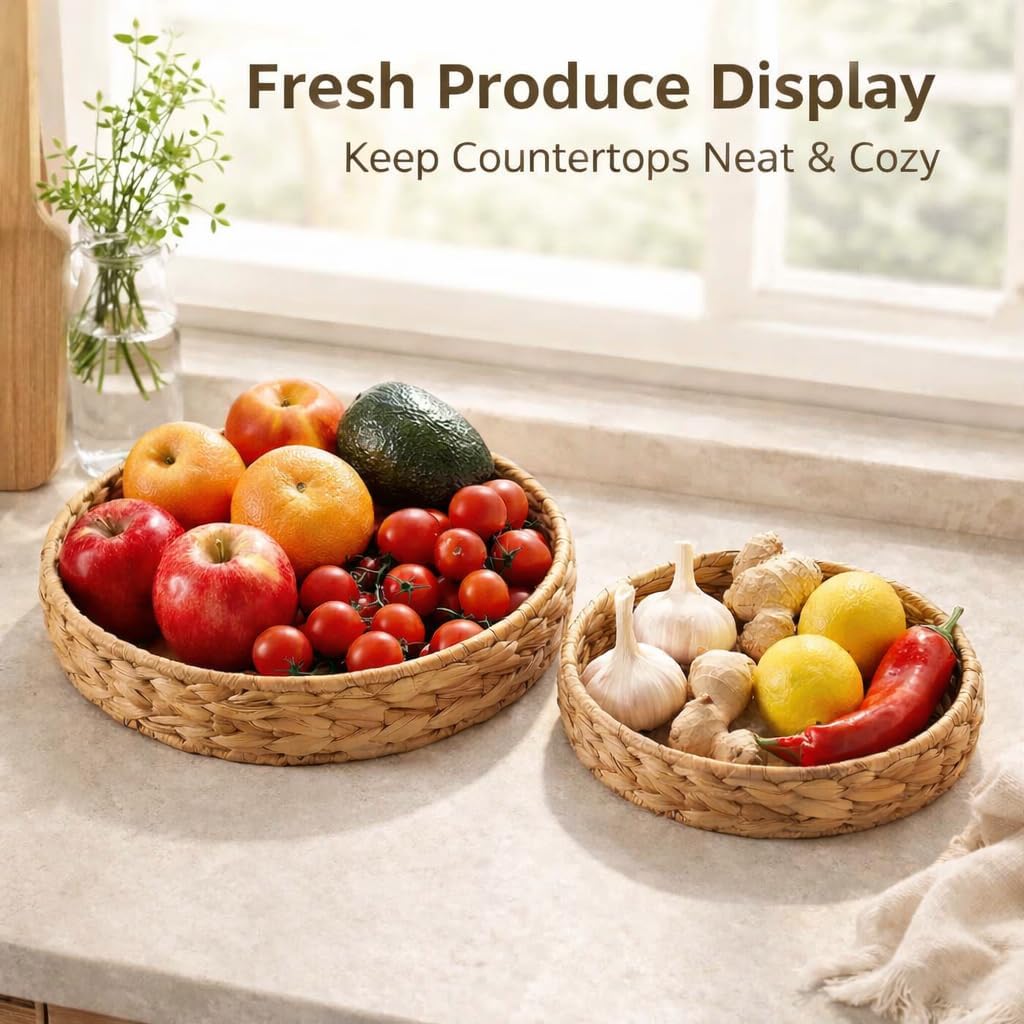 2Pcs Round Wicker Basket Tray, Large Woven Trays for Coffee Table Decor, Natural Water Hyacinth Serving Trays for Decor and Organization - Image 2