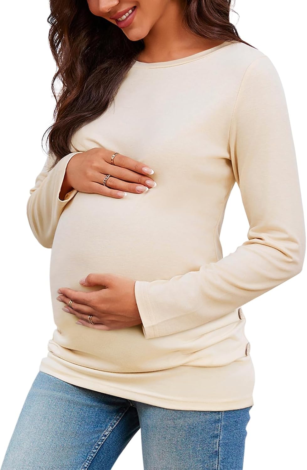 Chuanqi Womens Maternity Shirt Fall Long Sleeve Crew Neck T-Shirts Pregnancy Clothes Side Ruched Tunic Tops