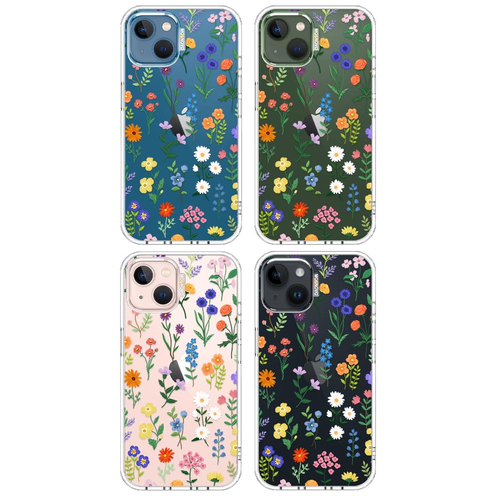 MOSNOVO Hülle für iPhone 13 & iPhone 14, [2 m Militärschutz] [Anti-Abblätter-Technologie] Transparente stoßfest TPU Stoßfänger Handyhülle mit Design - Botanische Blumen - 4