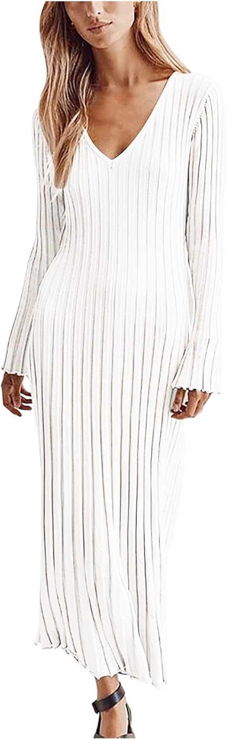 Lmdudan Maxi Dress for Women's V Neck Long Sleeve Solid Color Dresses Slim Fit Knit Cocktail Party Bodycon Dress for Women