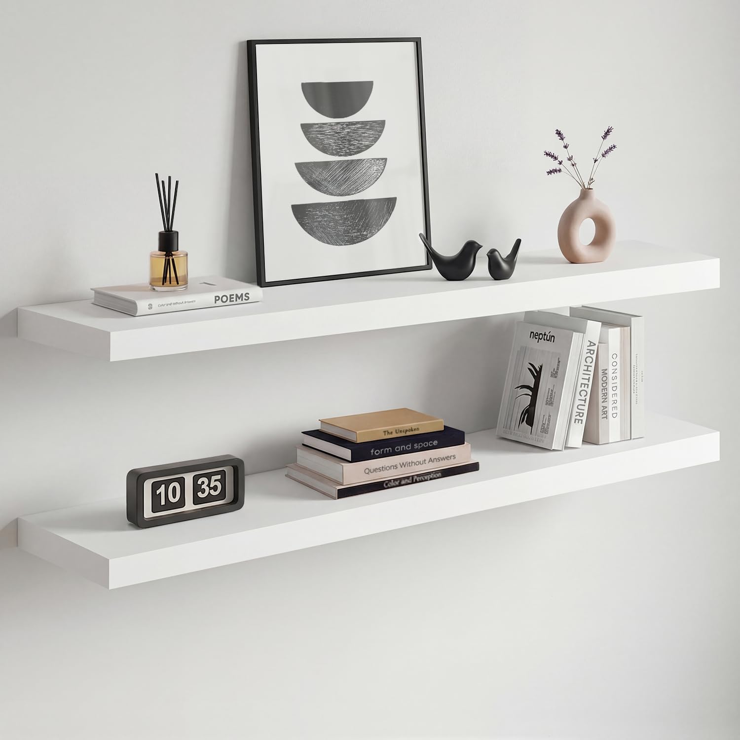 homeforia white floating shelves 36 inch, high end solid real wood 36inch floating shelf for wall mounted, white wooden 36in long floating shelves, heavy duty bracket, 36 x 6.5 x 1.75 inches, set of 2
