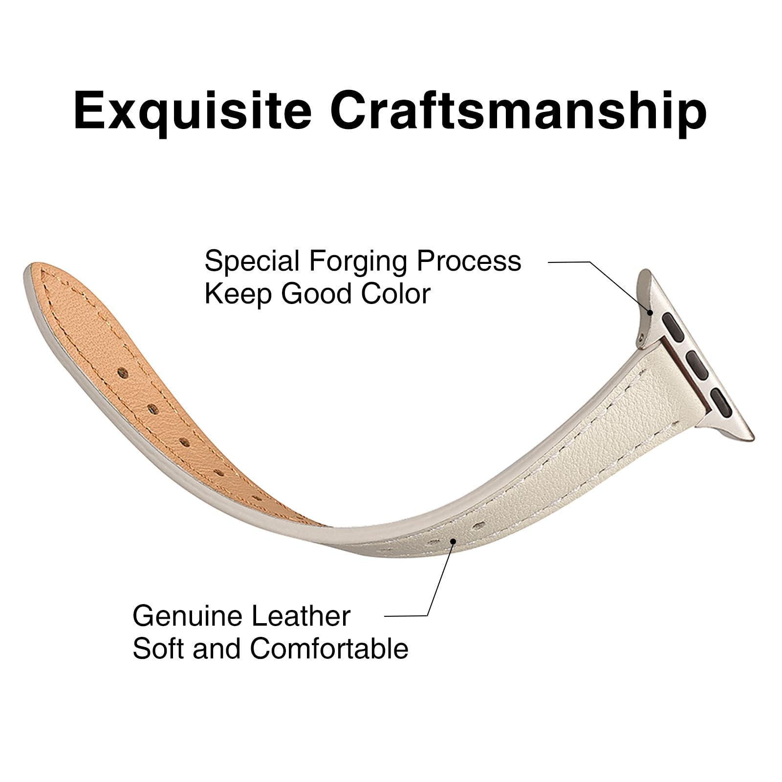 SUNFWR Leather Strap Compatible with Apple Watch Straps 42mm(Series 11 10) 41mm 40mm 38mm,Genuine Slim&Thin Replacement Band for iWatch Series 11 10 9 8 7 6 5 4 3 2 1/SE(Lvory white&Starlight) - Image 3