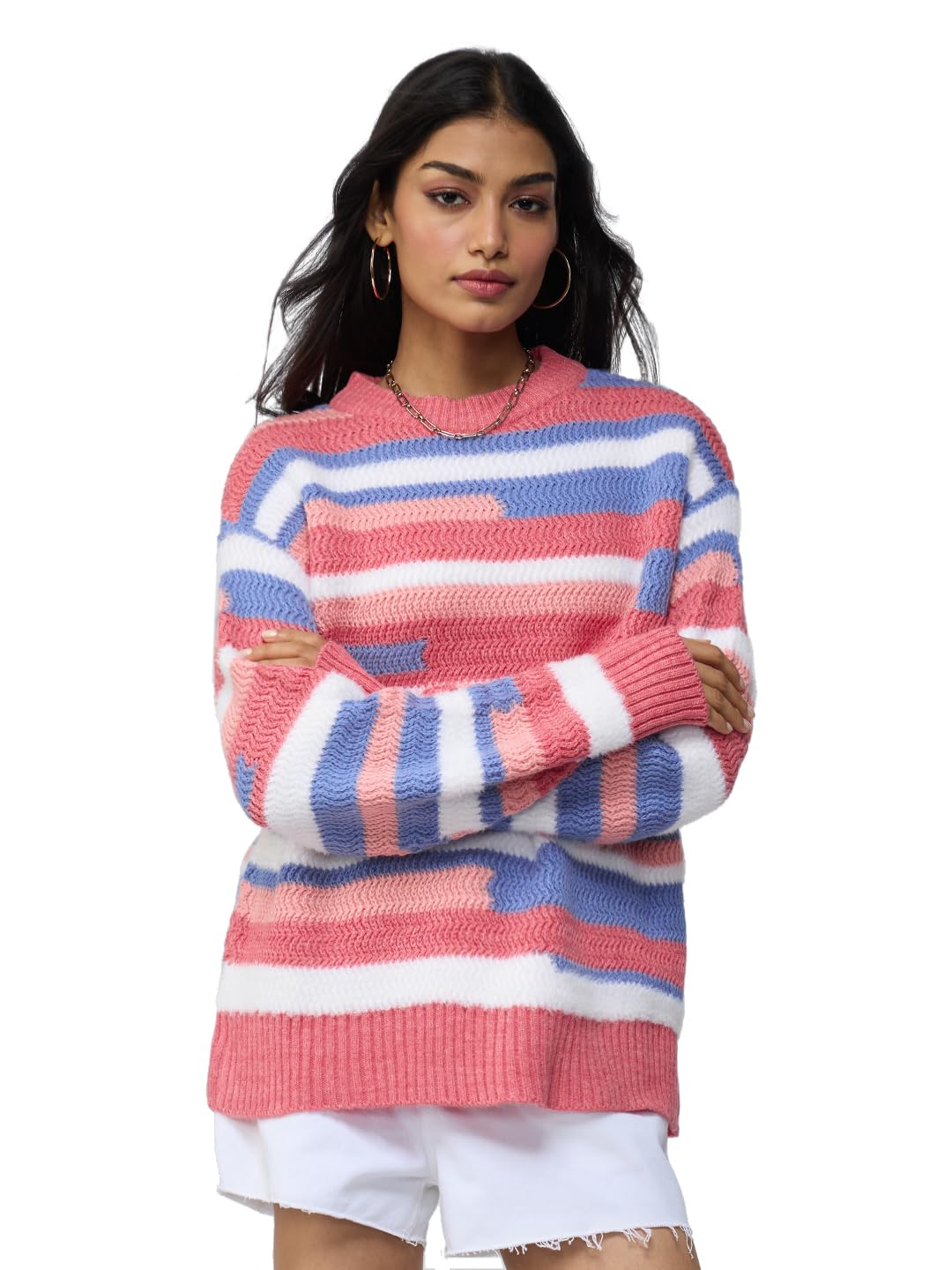 the souled store Textured Sweater: Heather Women and Girls Full Sleeves Round Neck Pink Blue and White Striped Acrylic Nylon Chunky Knit Casual Winter Pullover Oversized Sweater-picture-22