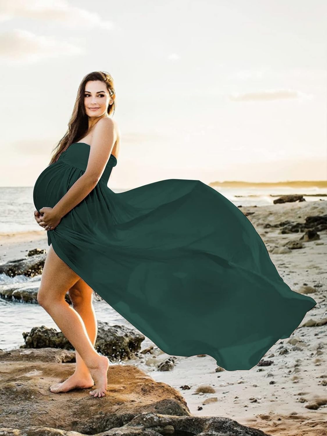 YnimioAOX Women's Off Shoulder Strapless Sweetheart Maternity Dress for Photography Split Front Chiffon Gown for Photoshoot