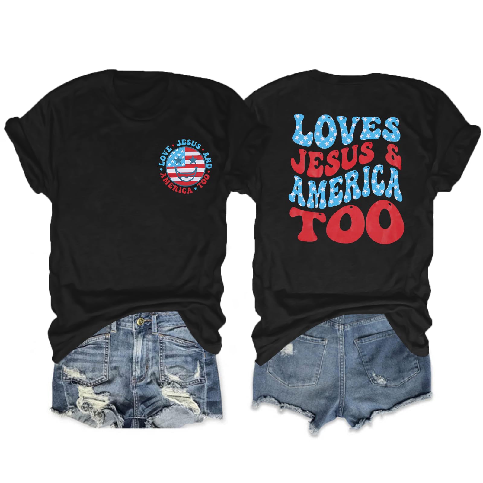 ALLTB 4th of July Shirt Women Loves Jesus and America Too Shirts Patriotic Tshirt Christian Short Sleeve Tee Top